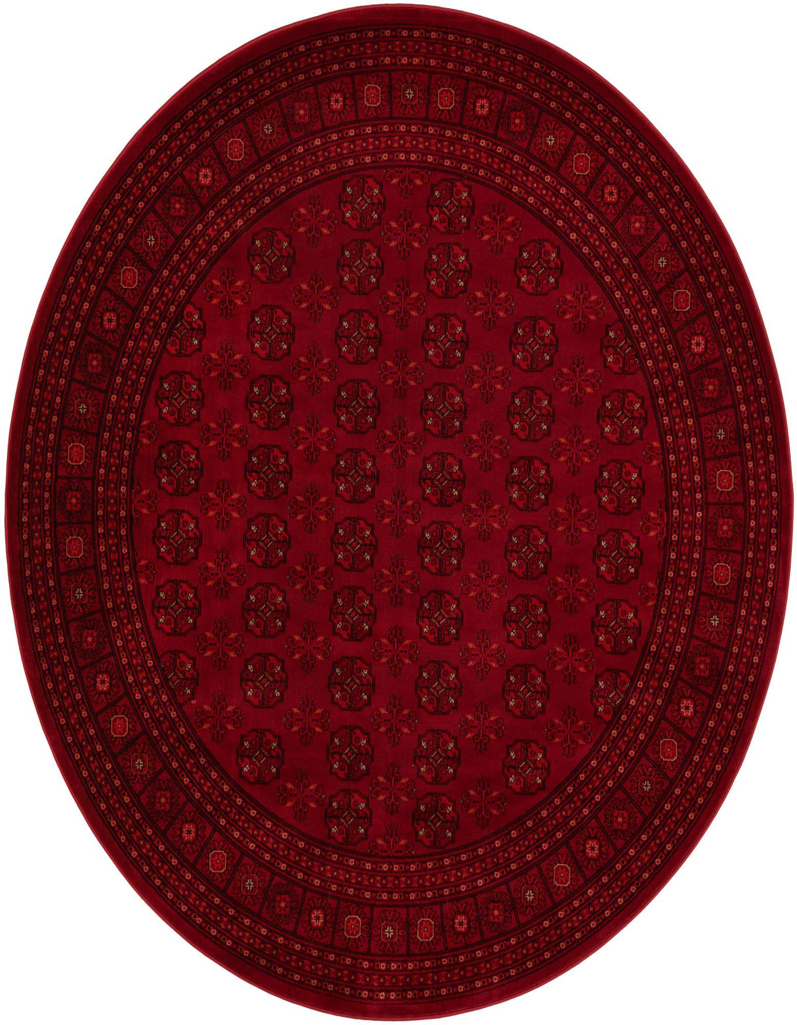 A 7' 10 round red Bokhara rug with a traditional tribal medallion pattern and intricate border.