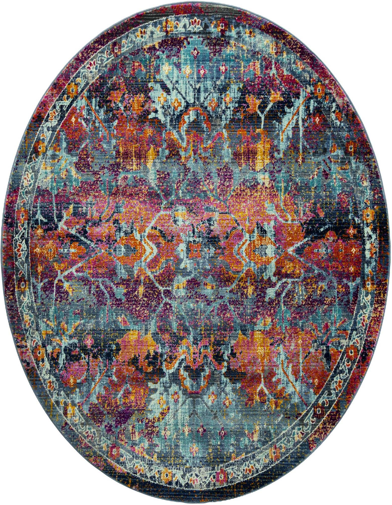 A 5' round rug featuring a vibrant, distressed Bohemian pattern in shades of red, purple, orange, and teal.