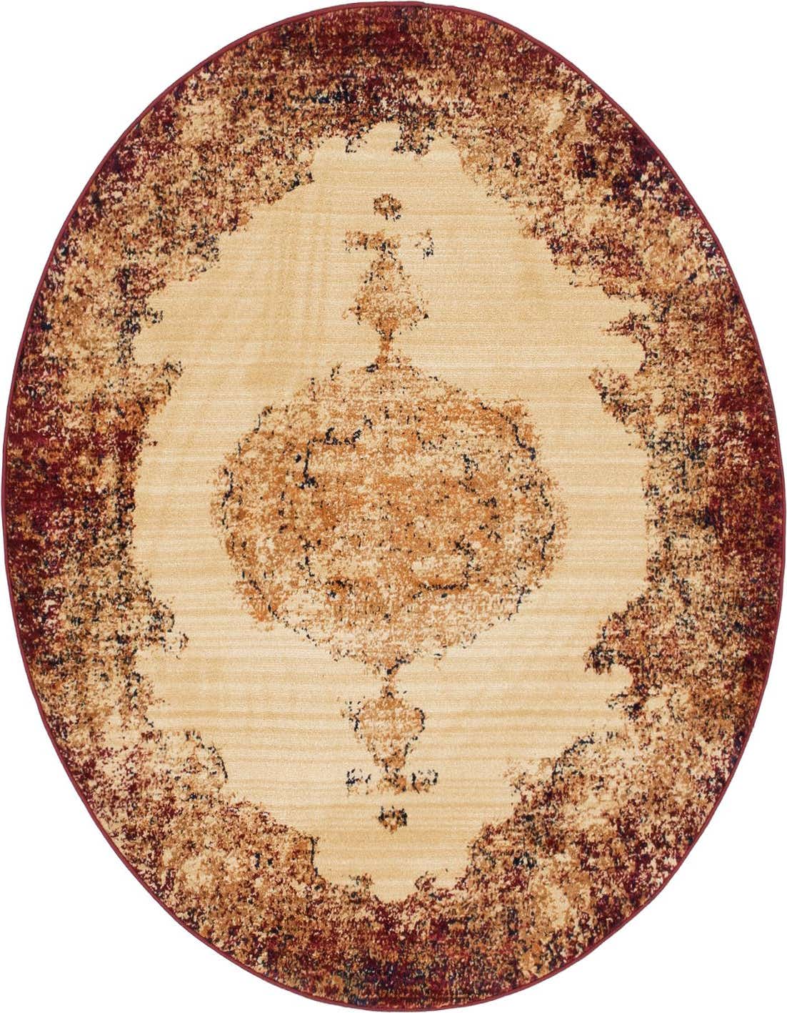 A round Charlestown rug featuring a distressed medallion pattern in reds, beige, and brown, ideal for indoor spaces.