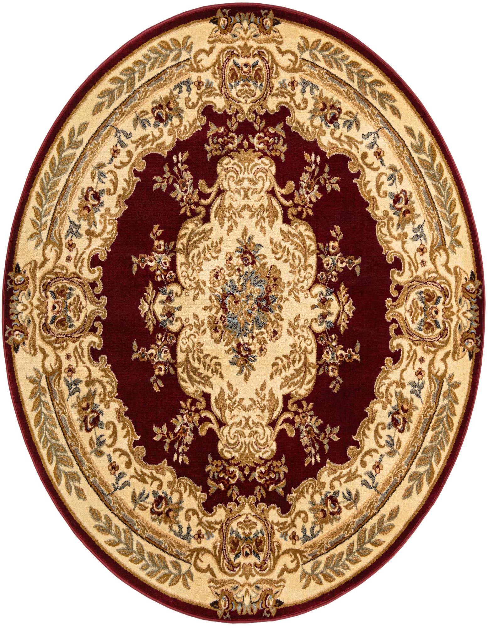 A round 7' 0 x 7' 0 Chateau rug with a deep red background and intricate cream, gold, and blue traditional medallion and floral patterns.