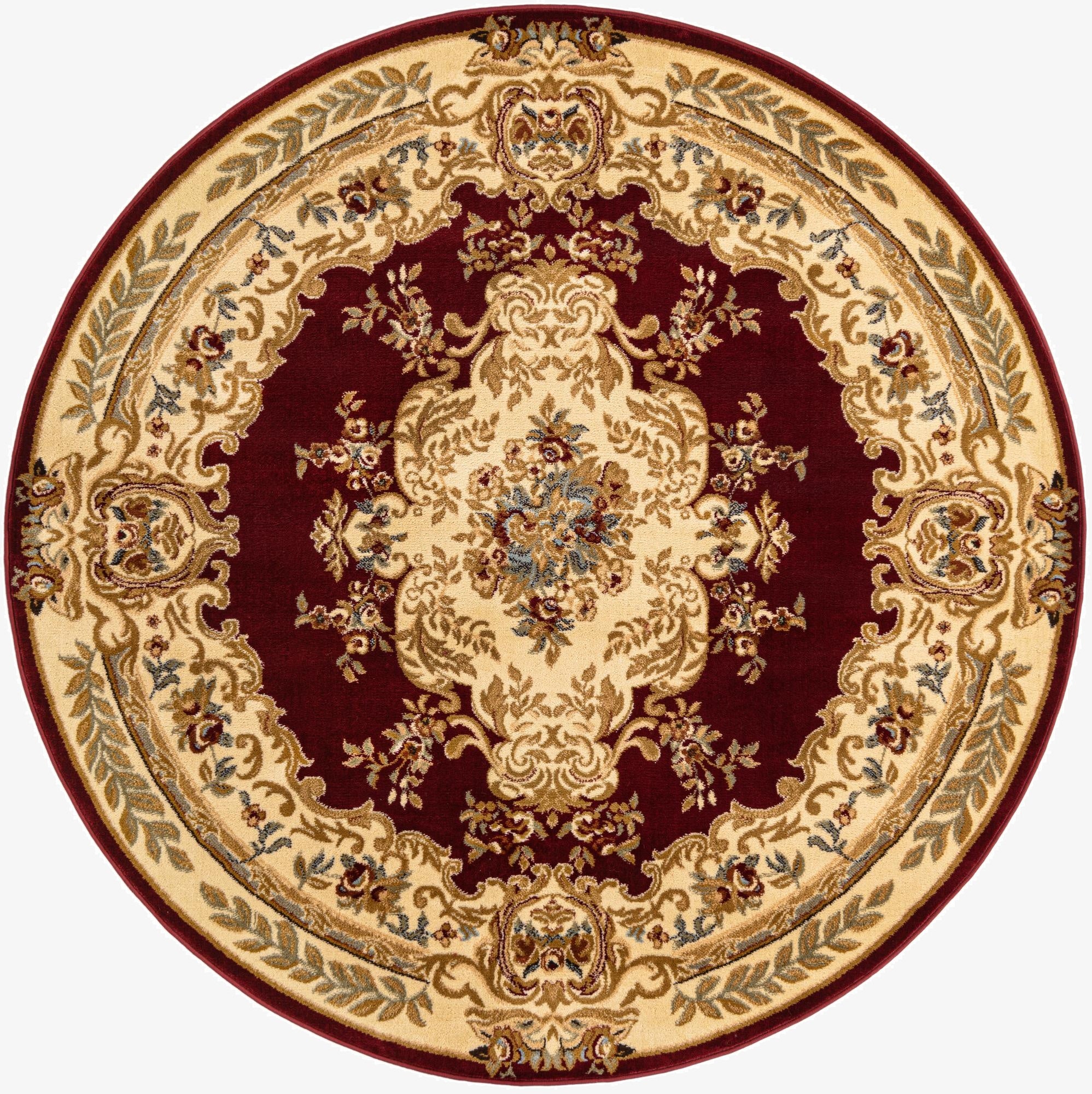 A round 7' 0 x 7' 0 Chateau rug with a deep red background and intricate cream, gold, and blue traditional medallion and floral patterns.