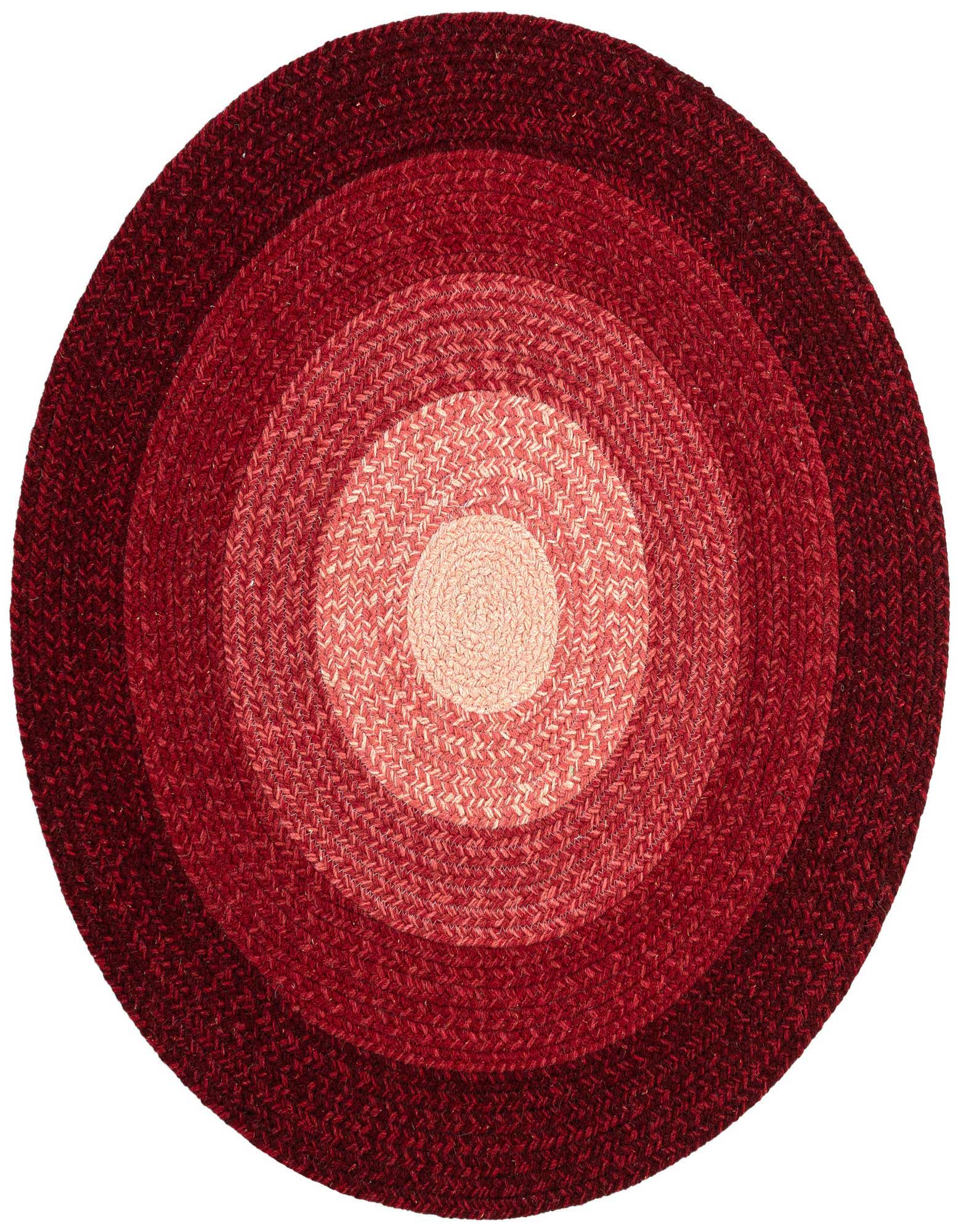 A 3' 1 x 3' 1 round, hand-braided wool rug featuring concentric circles in varying shades of red, from light to deep.