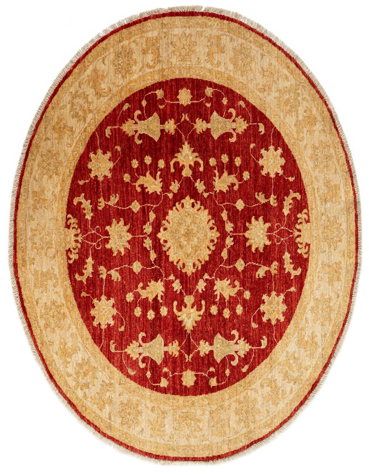 A round 4' 10 x 4' 11 Persian rug featuring a rich red center with intricate gold floral motifs and a wide gold border.