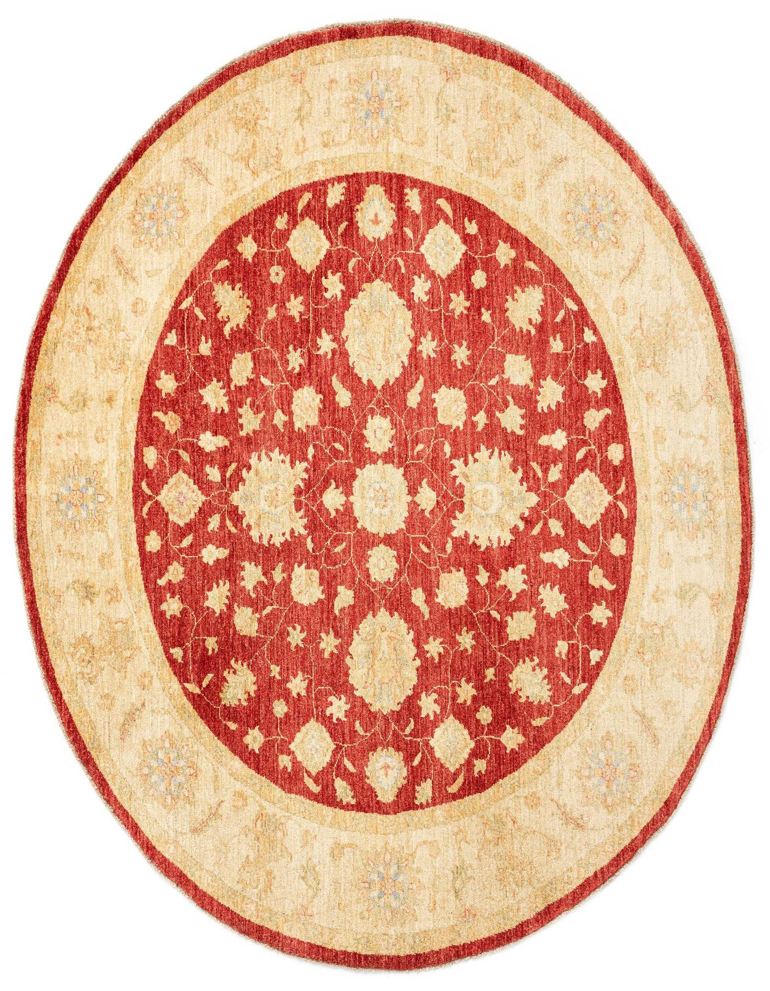 A round 6' 6 x 6' 7 Kaizar Persian rug in reds and cream, featuring intricate floral patterns.