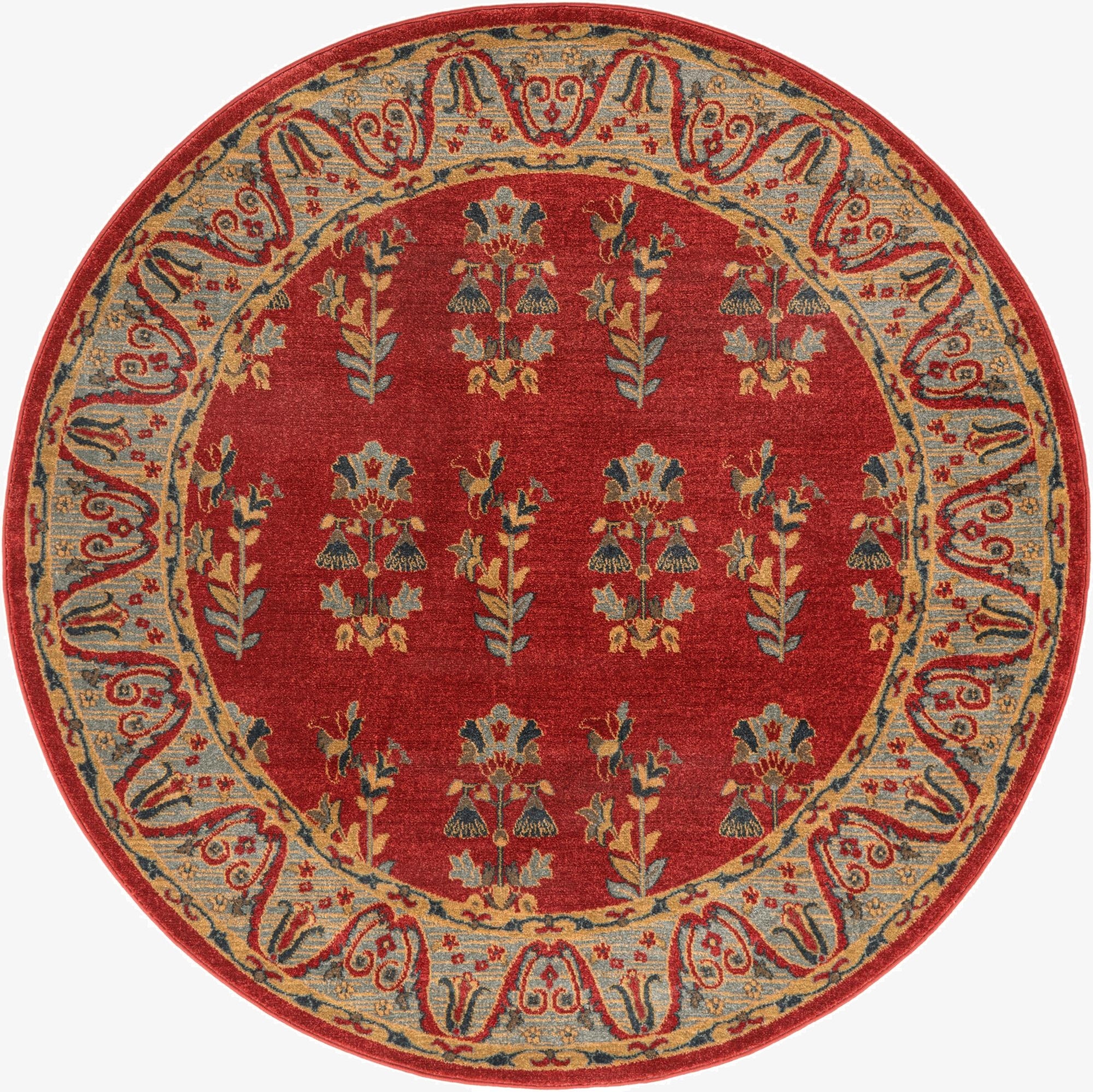 A 6' round red rug with a traditional botanical pattern in blue, gold, and red, featuring a detailed border.