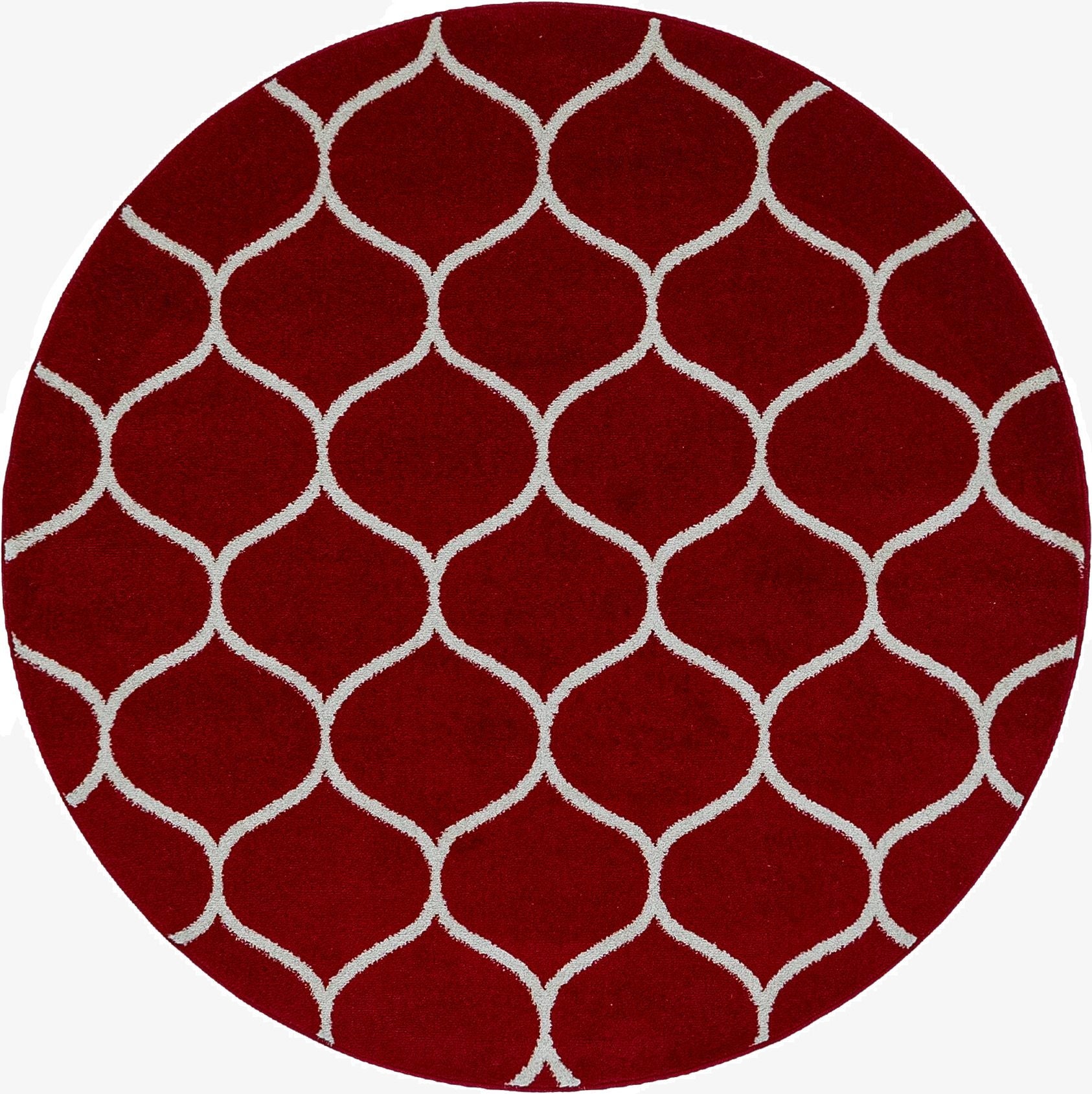 A 5' 3 round red rug with a white modern trellis pattern, suitable for indoor spaces.