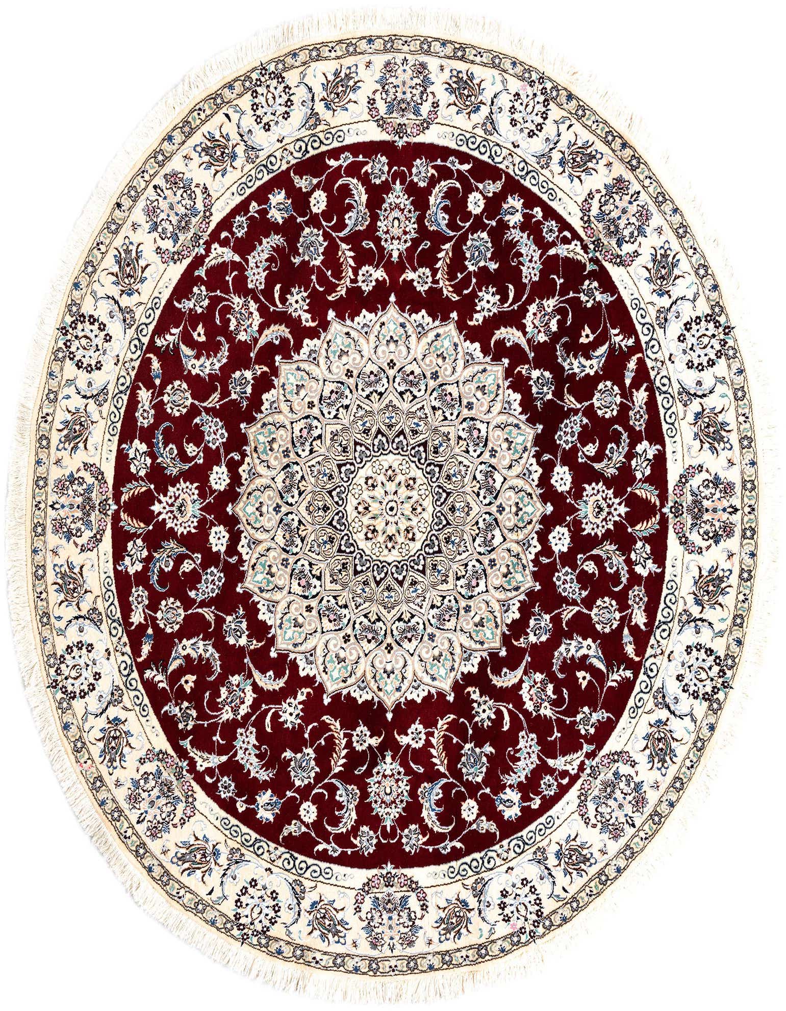 A round 7' 1 x 7' 3 red Persian rug with an intricate cream and blue floral medallion pattern, featuring a thin pile and fringe.