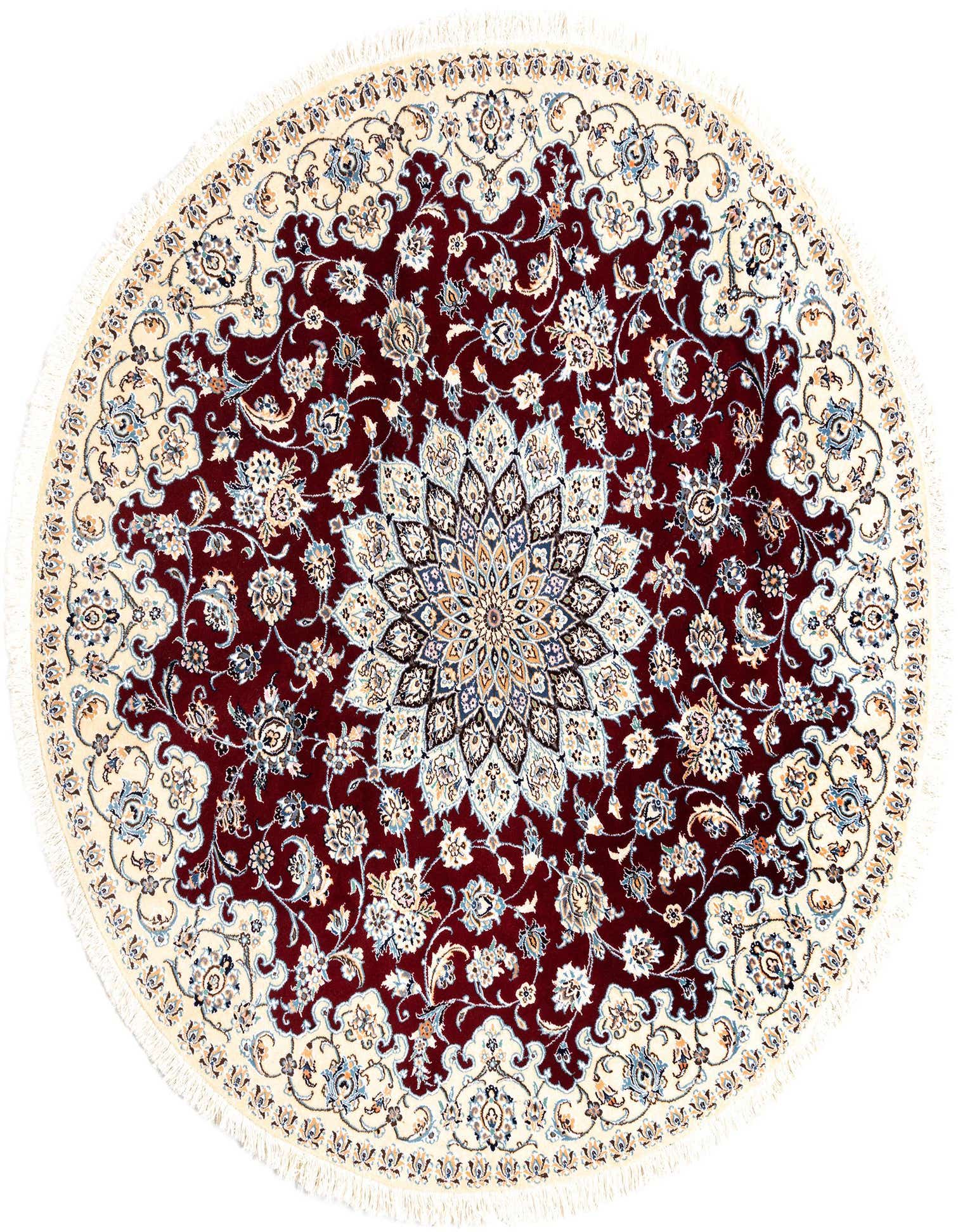 A round 6' 9 x 6' 11 Persian rug with a deep red field and intricate floral patterns in cream, blue, and gold.