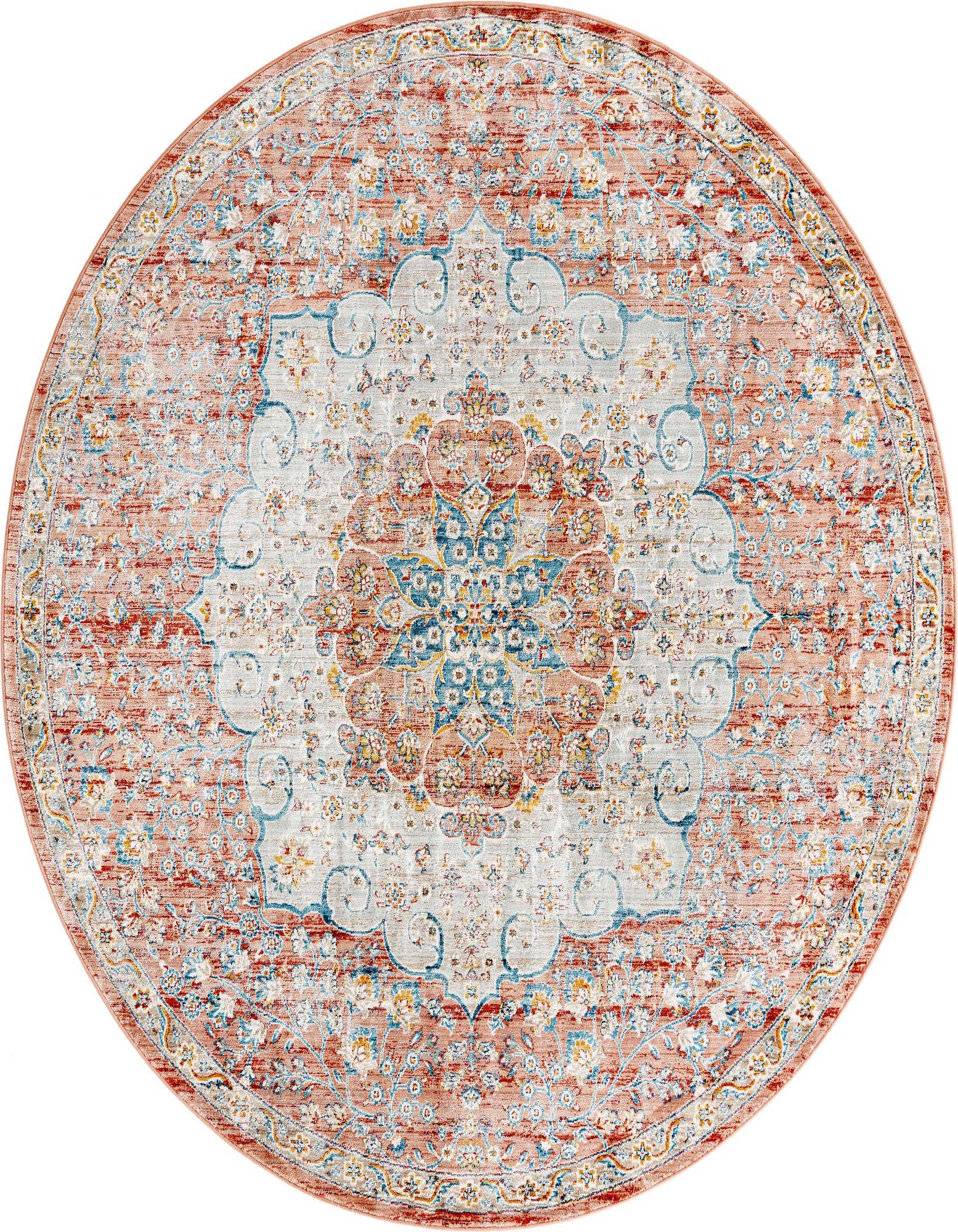 A 7' round Newport rug by Rugs.com, featuring a distressed red, blue, and cream traditional medallion pattern.