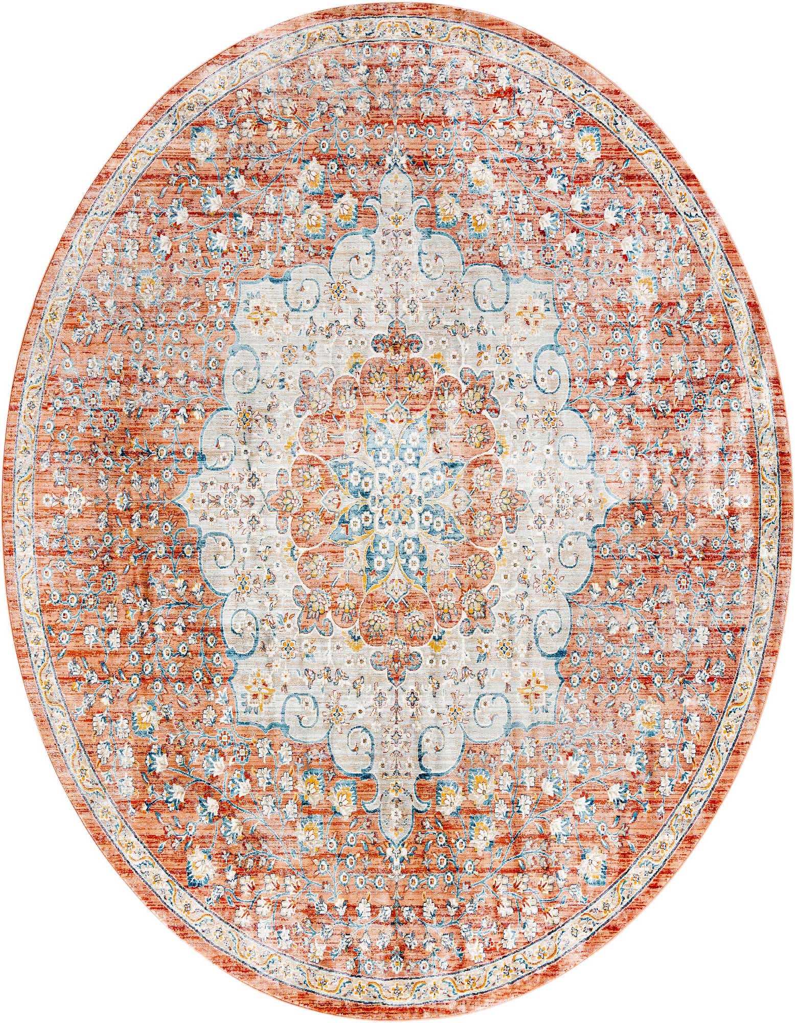 A 10' 2 round red area rug with an intricate traditional medallion pattern in cream, blue, and yellow.