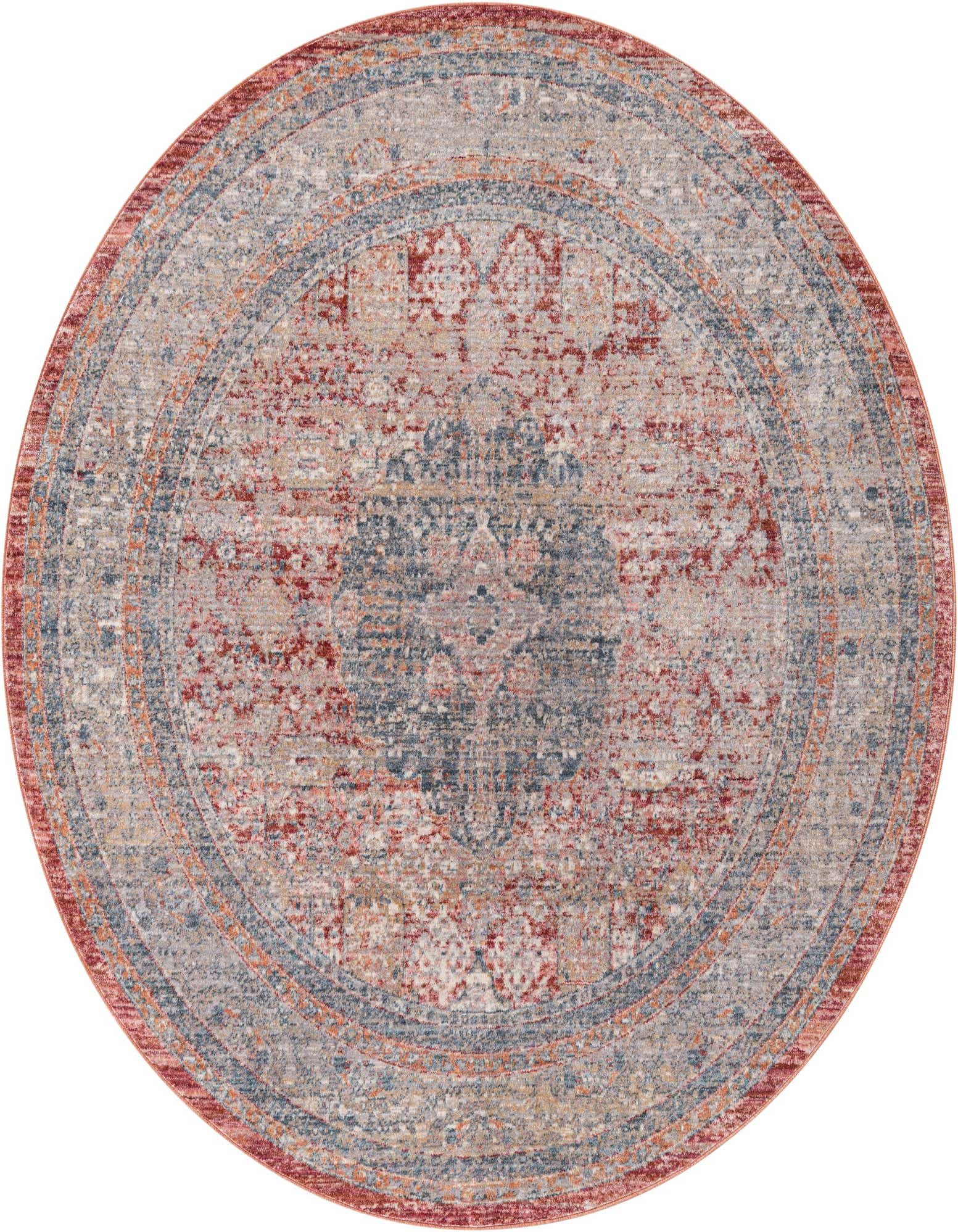 A 6' round red traditional medallion rug with distressed blue and beige accents, perfect for an indoor living space.