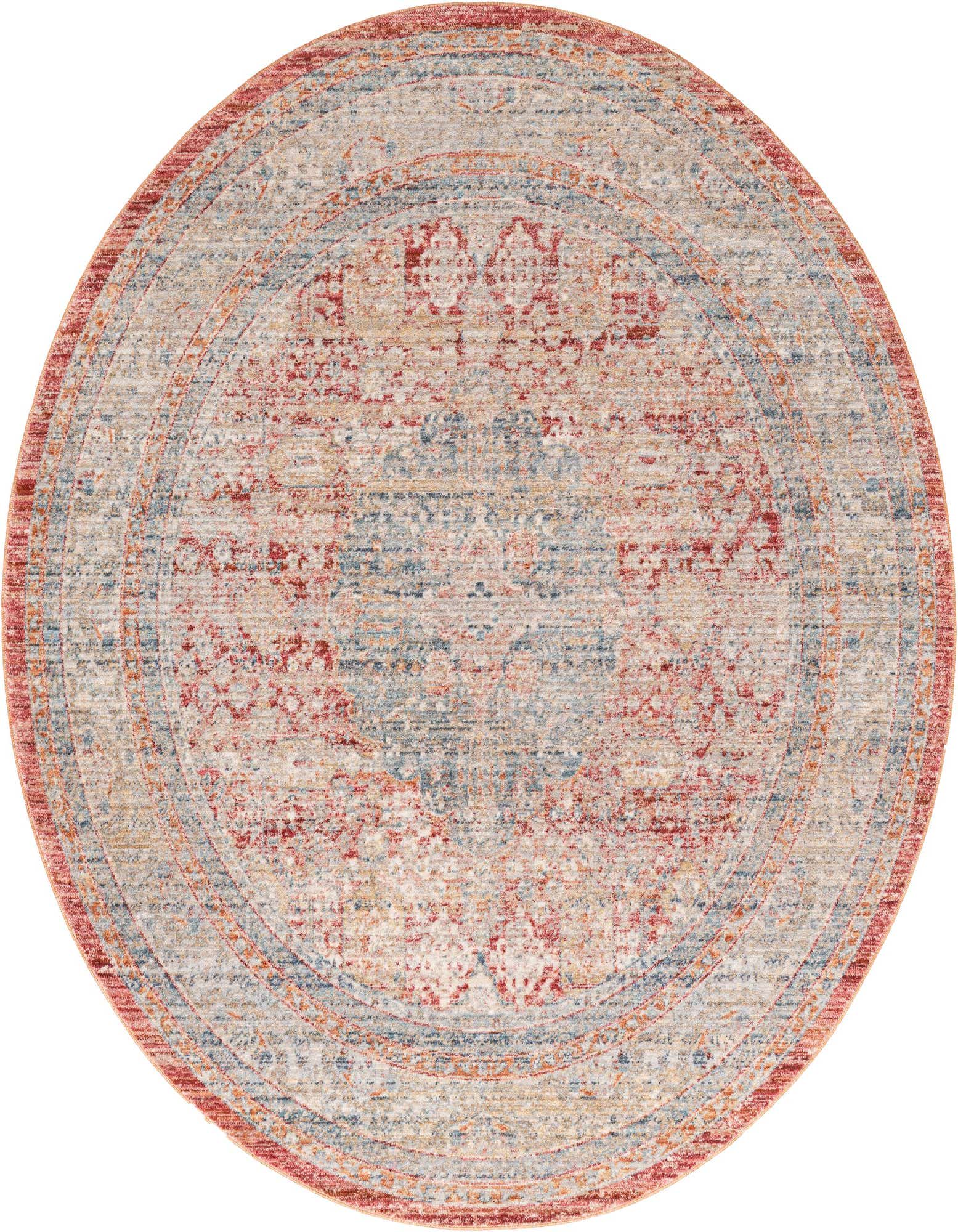 A 5' 0 round red and blue traditional medallion rug with a vintage, distressed look on a white background.