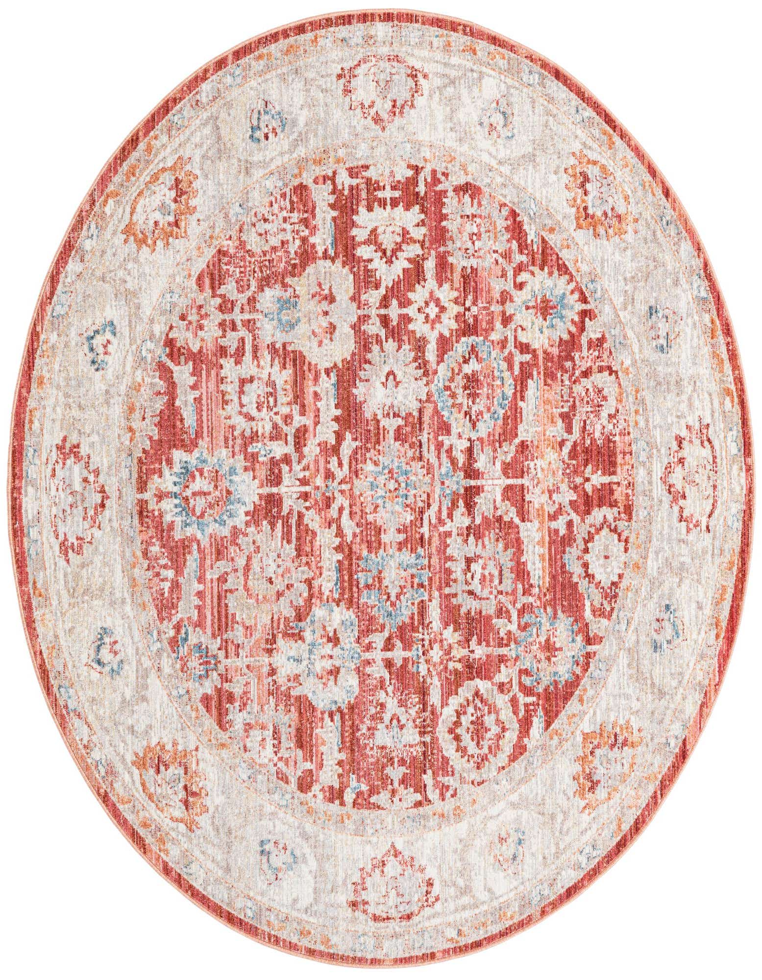 A 6' 0 round red traditional rug with a distressed floral pattern and a light beige border, suitable for indoor spaces.