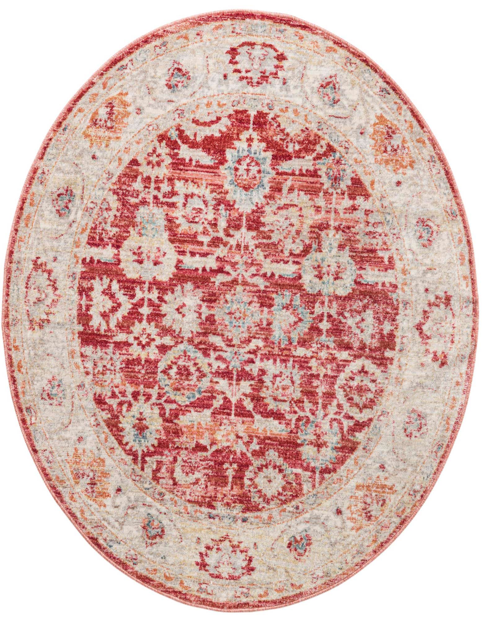 A 3' 10 x 3' 10 round red area rug with a vintage traditional floral pattern and a light border.