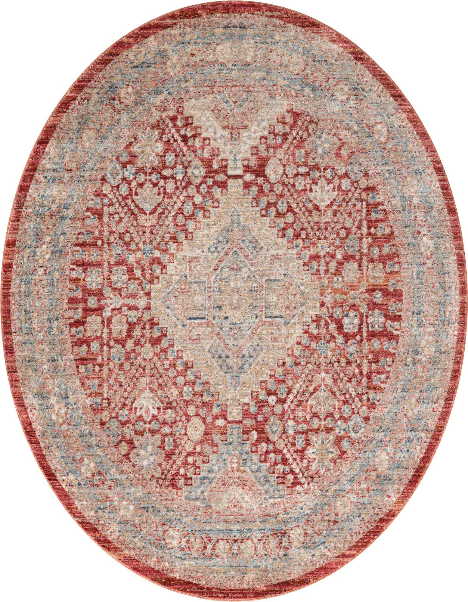 A 5' round red traditional rug with an ornate medallion pattern in cream and light blue, featuring a distressed vintage look.