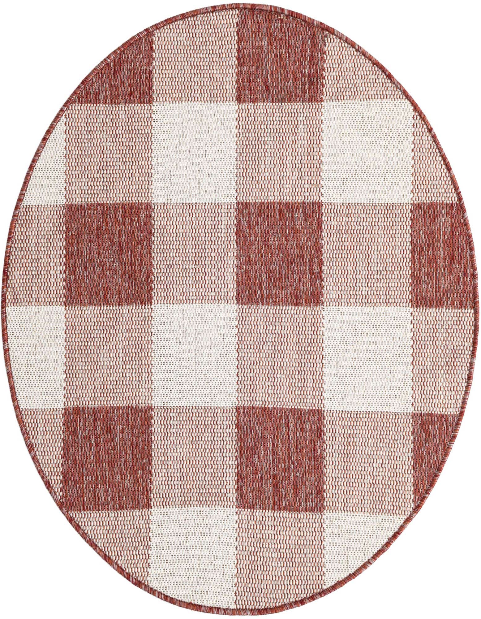 A 3' round red and white checkered rug, ideal for indoor or outdoor spaces like a patio.