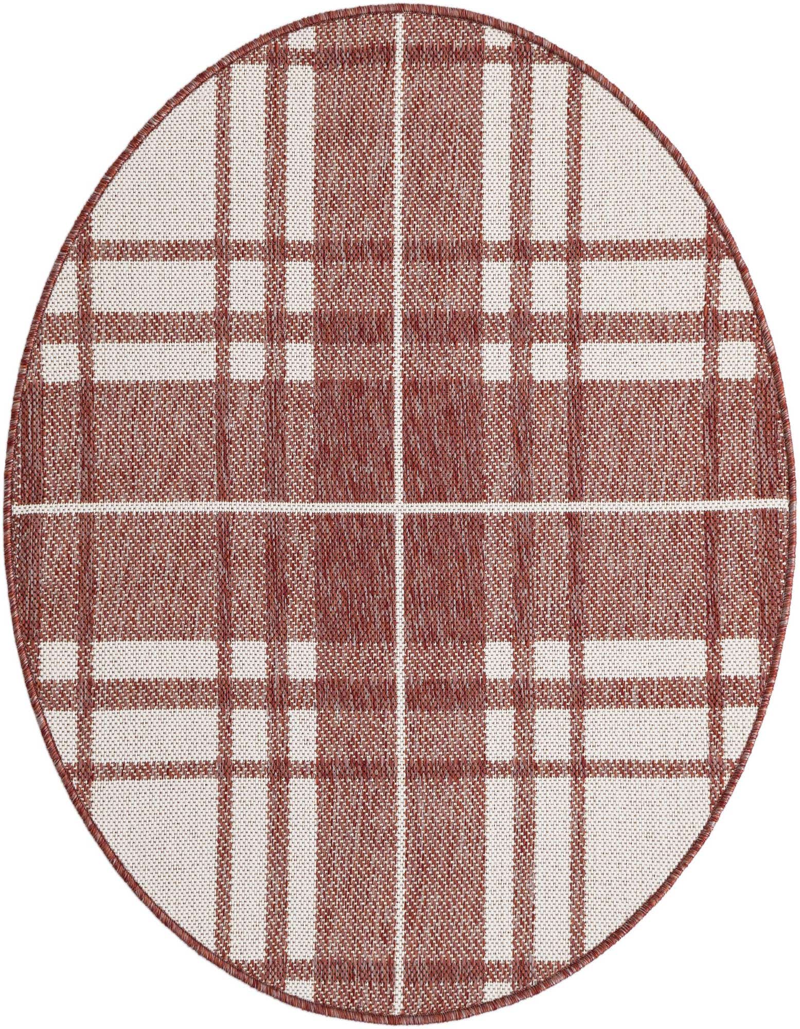 A 3' round red and white plaid polypropylene rug with a modern checkered pattern, suitable for indoor or outdoor use.