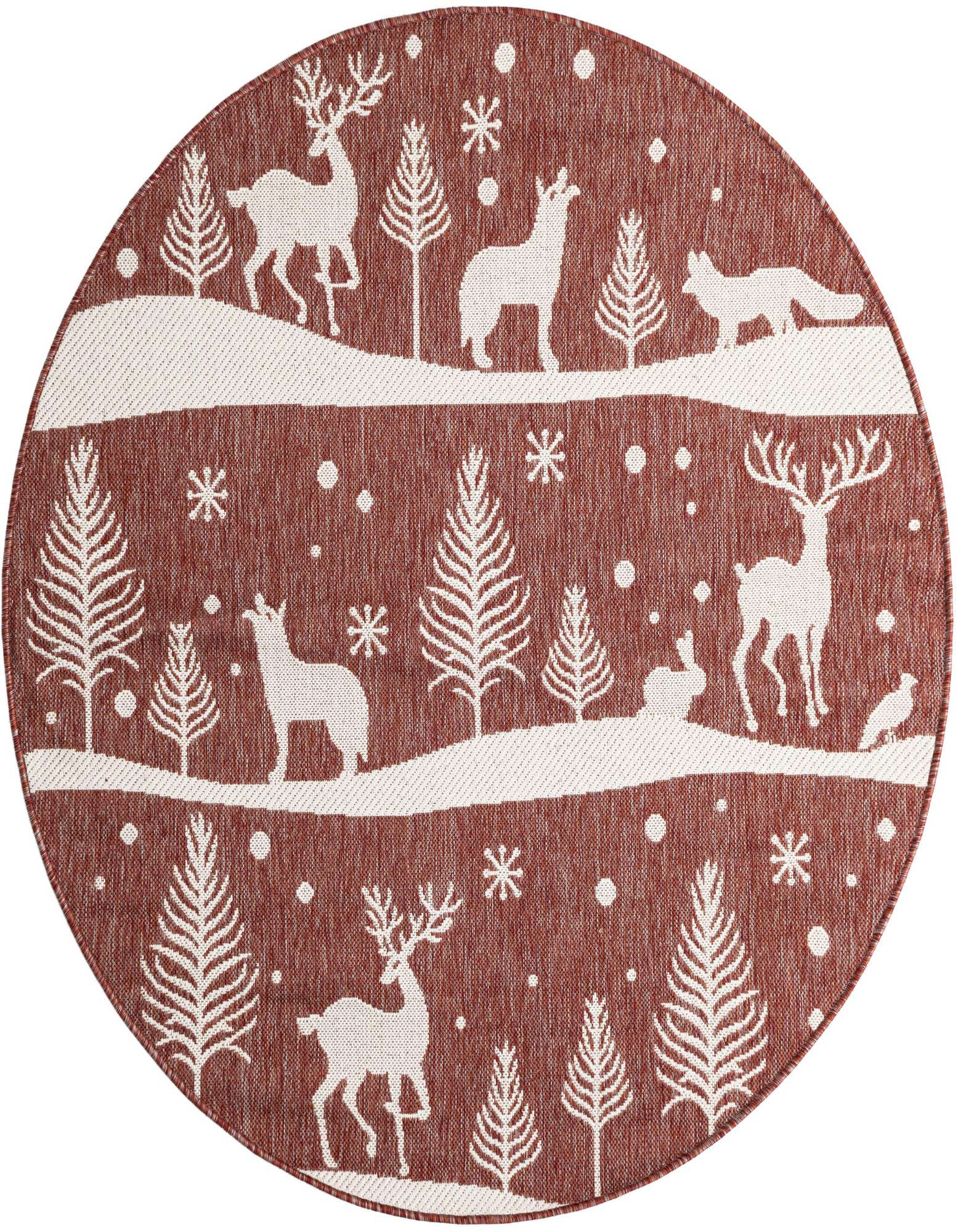 A round red and white outdoor rug featuring a modern winter forest scene with deer, foxes, and trees.