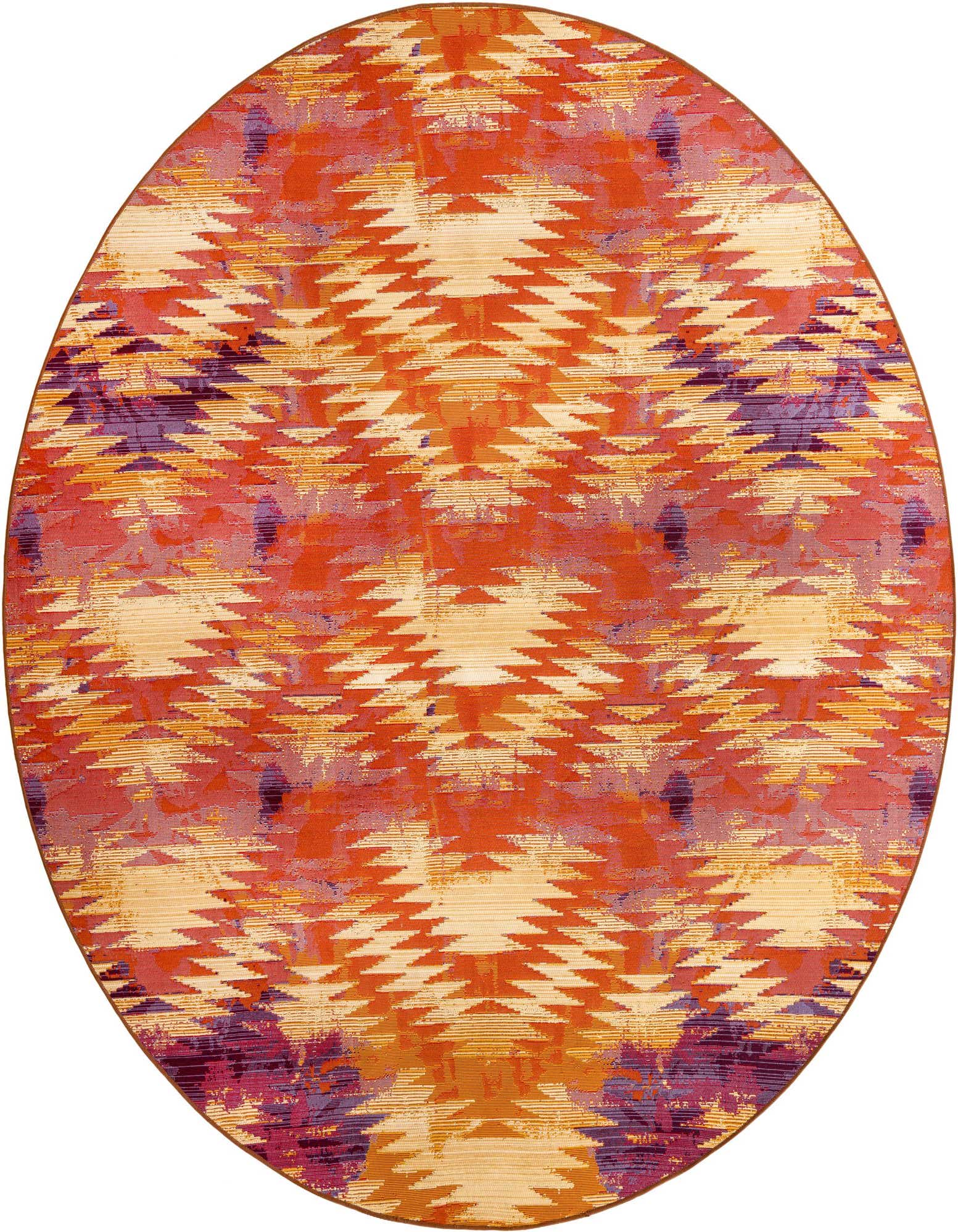 A vibrant 8' round rug with an eclectic Southwestern pattern in shades of red, orange, yellow, and purple.