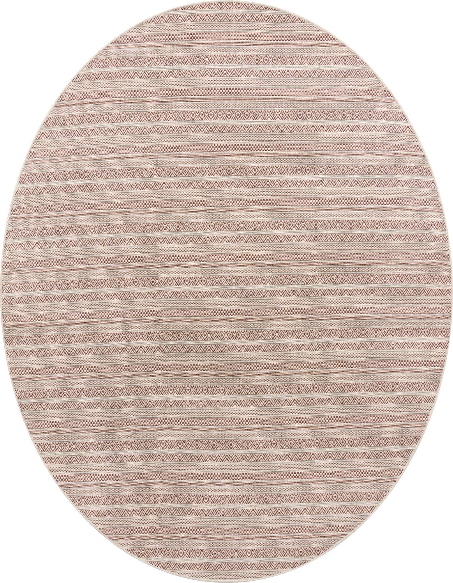 A 10-foot round red and beige tribal flatweave rug, ideal for indoor or outdoor use on a patio.
