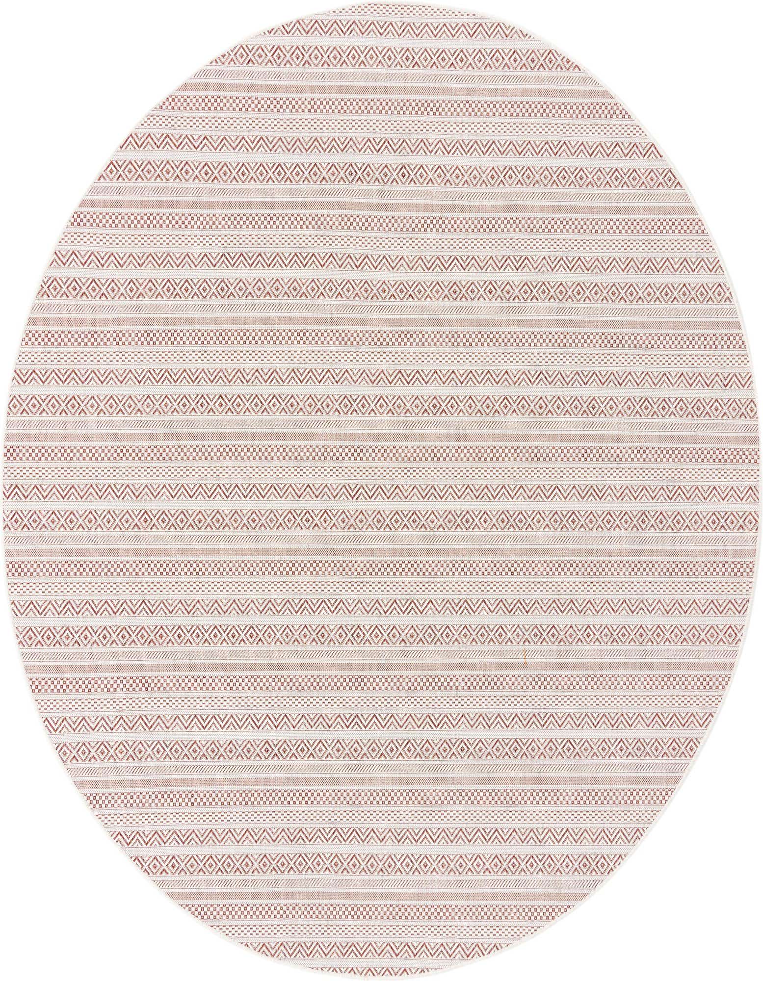 A 7' 10 round red tribal flatweave rug with alternating stripes of geometric patterns, suitable for indoor or outdoor use.