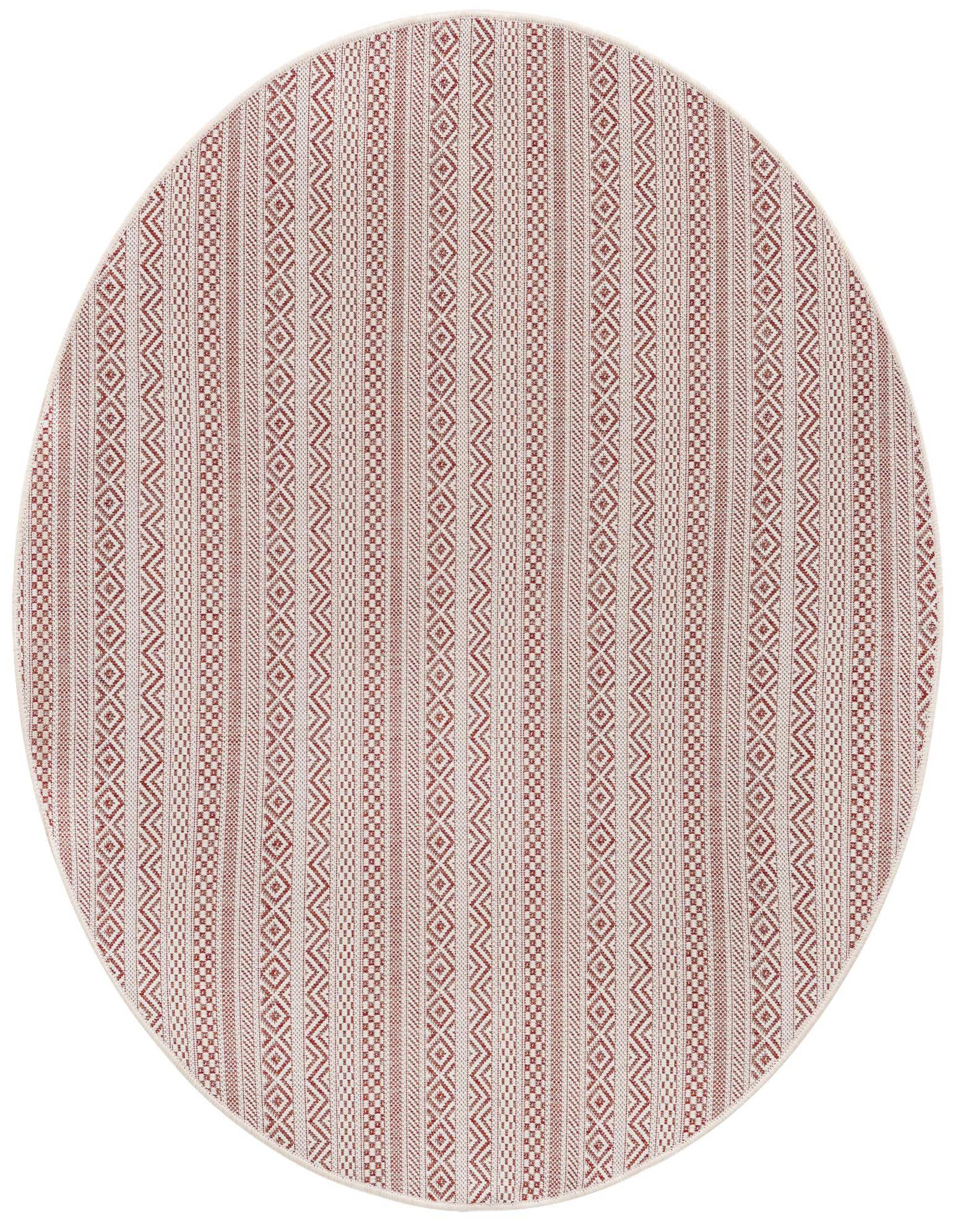 A 5'3" round red and off-white tribal patterned flatweave rug, suitable for indoor or outdoor use.