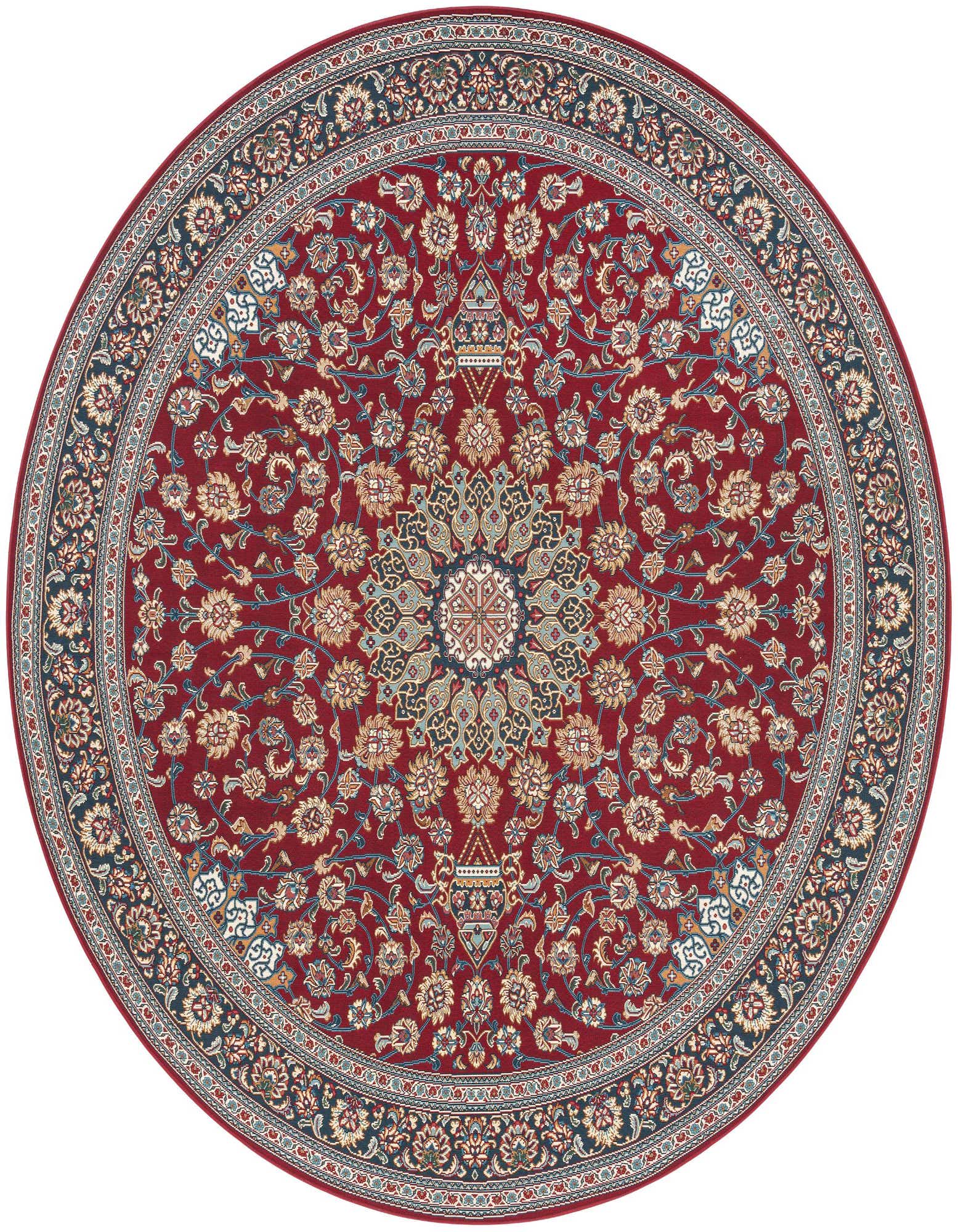 A 10' round red Oriental rug with a central medallion and intricate floral patterns in gold, blue, and cream.