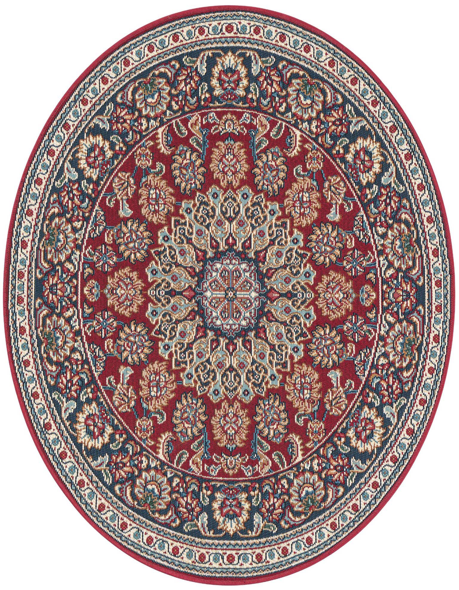 A 3' 3 round red Oriental rug with a detailed medallion pattern in blue, beige, and red, suitable for indoor or outdoor use.