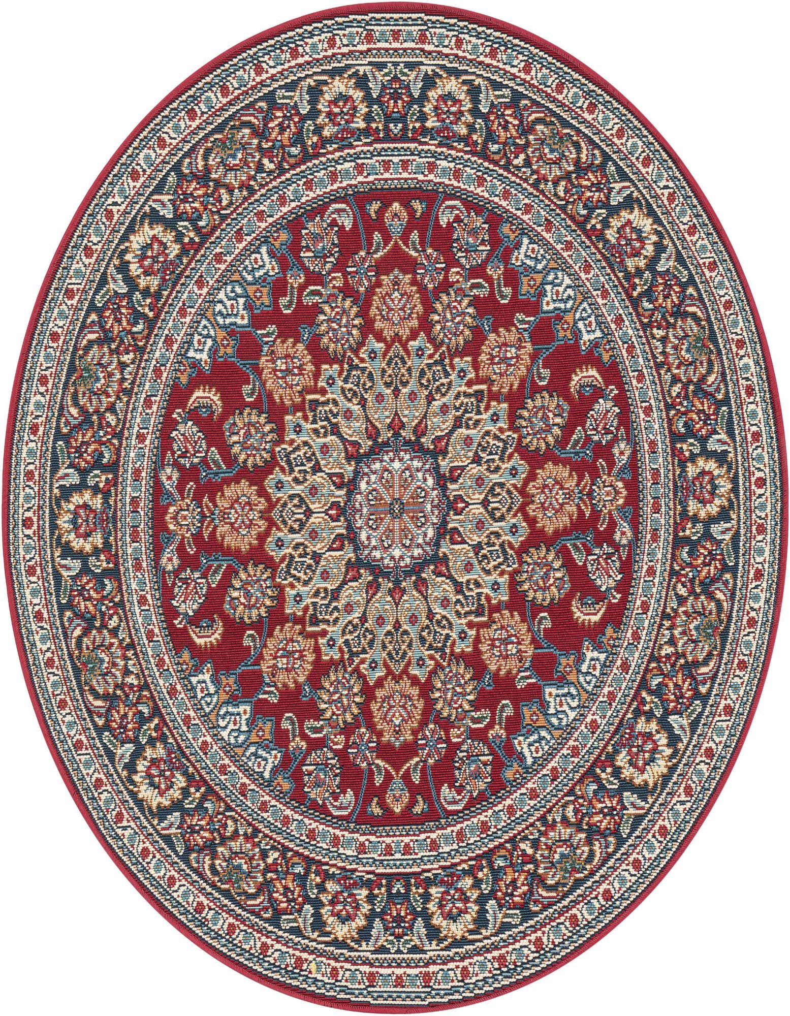 A 4' 1 round red traditional rug with an ornate medallion pattern in blue, cream, and gold, suitable for indoor or outdoor use.