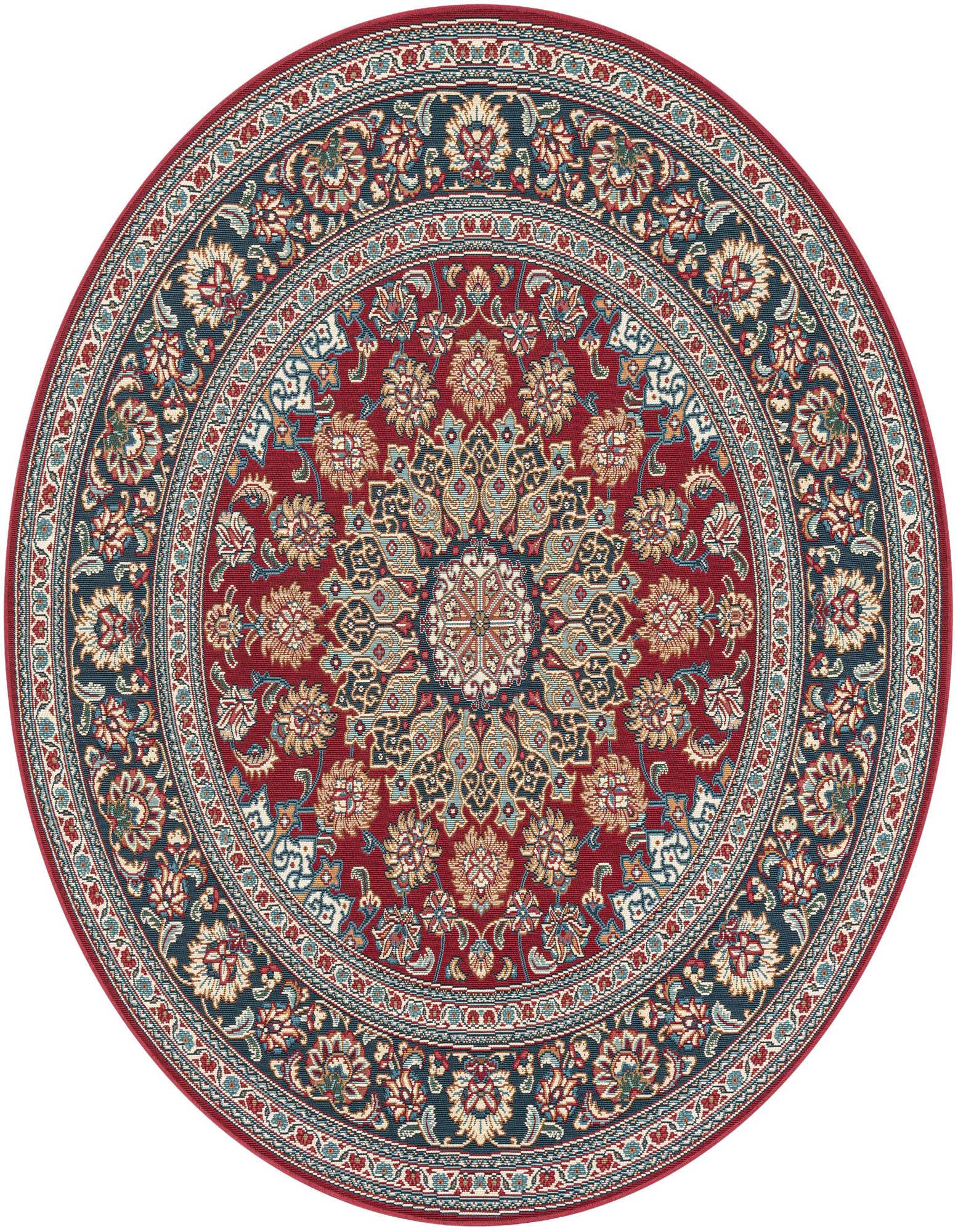 A 6'1" round red outdoor rug with a detailed traditional medallion and floral pattern in blues, creams, and golds.