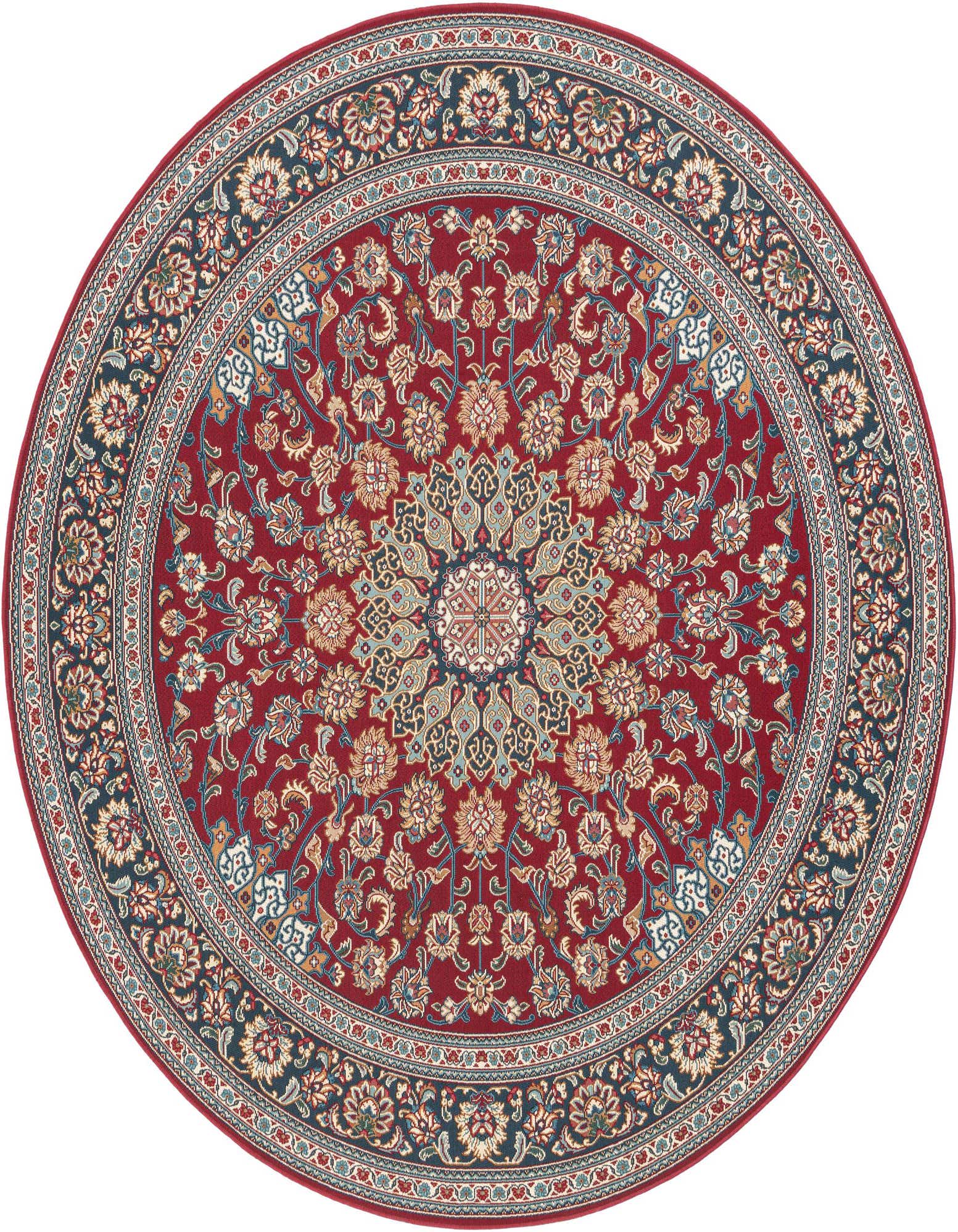 A 7' 10 round red Oriental rug with a detailed medallion and floral border, suitable for indoor or outdoor use.