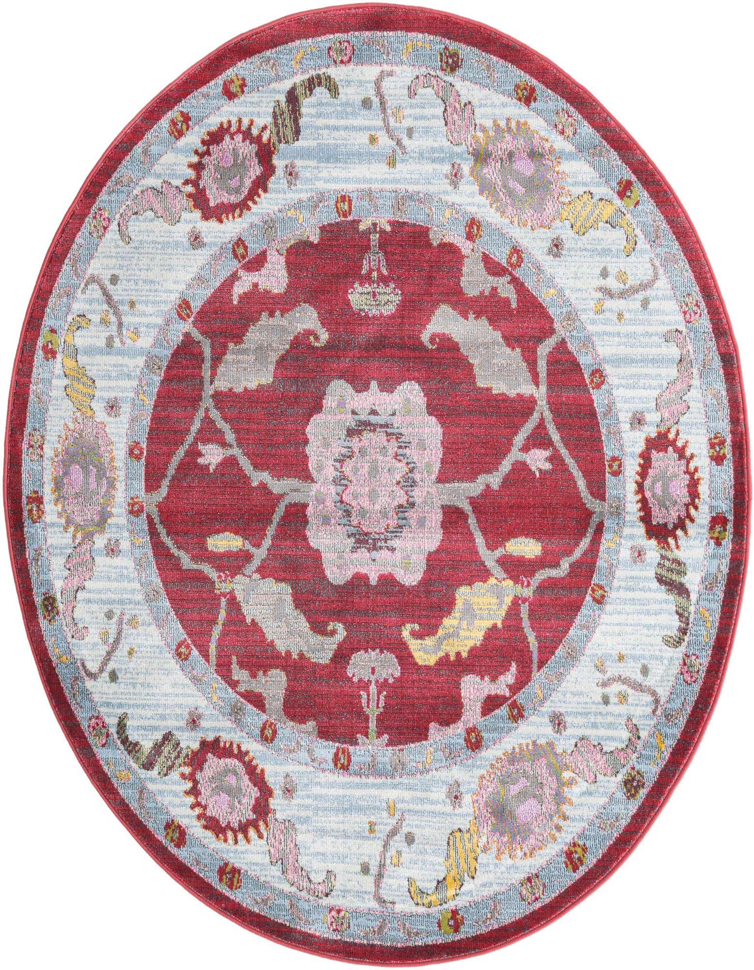 A 5' 5 round red traditional rug with a light blue border featuring floral medallion patterns in pink, yellow, and grey.