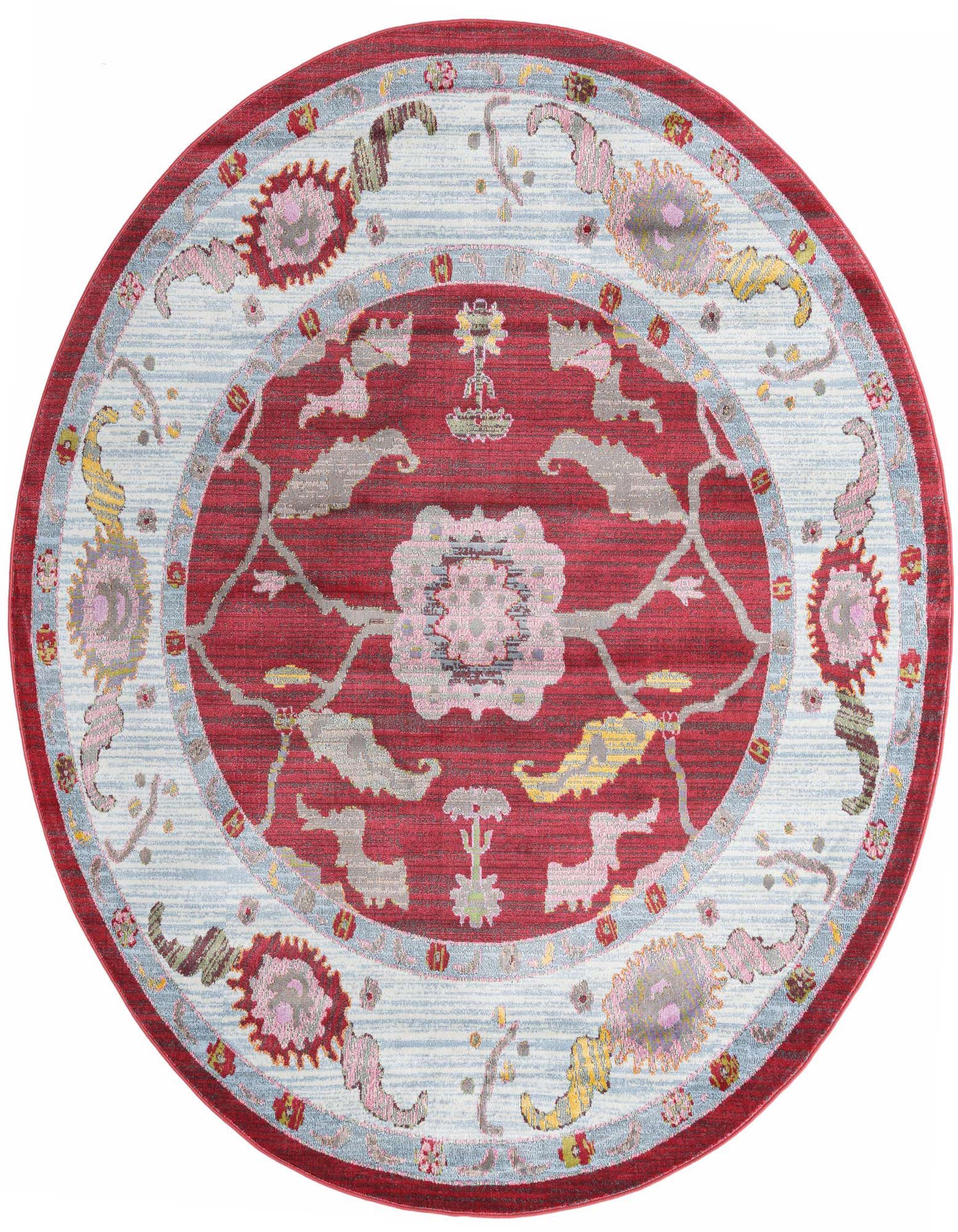 A round 8' 2 x 8' 2 red traditional rug with a central medallion and light blue border, featuring vintage floral patterns.
