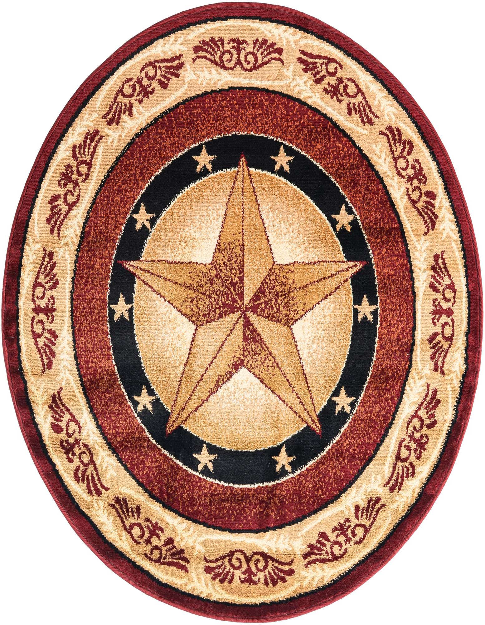 A 4' round Pioneer collection rug with a large gold star medallion at its center, surrounded by a black ring with smaller stars, and an outer border of red and beige rustic scrollwork.
