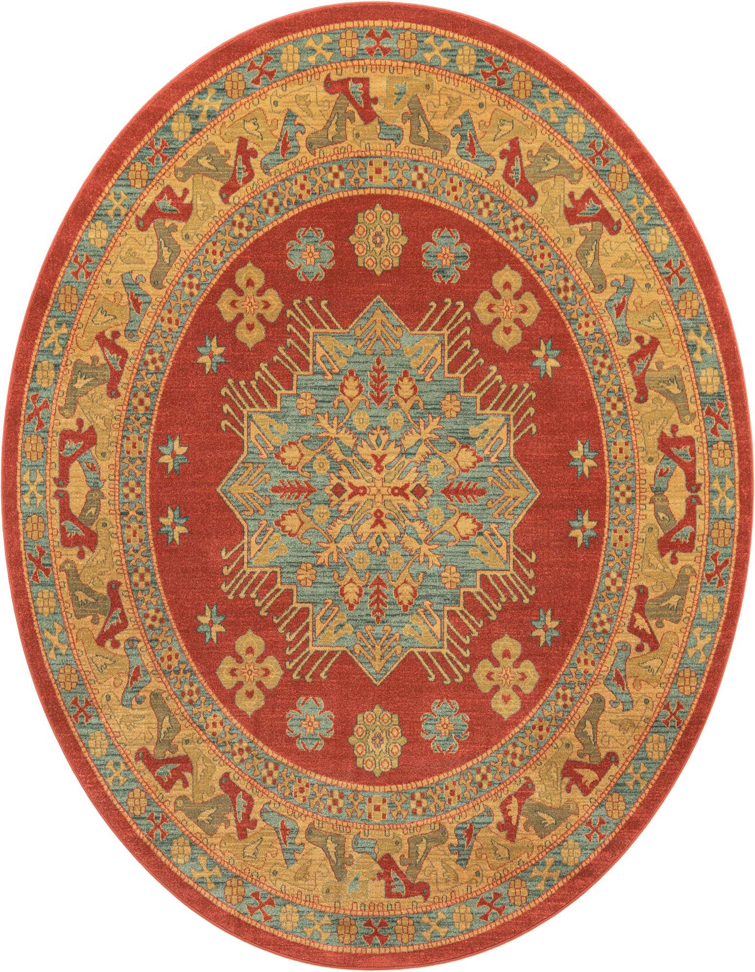A round red rug with a central teal and gold medallion, surrounded by a gold border with tribal patterns.