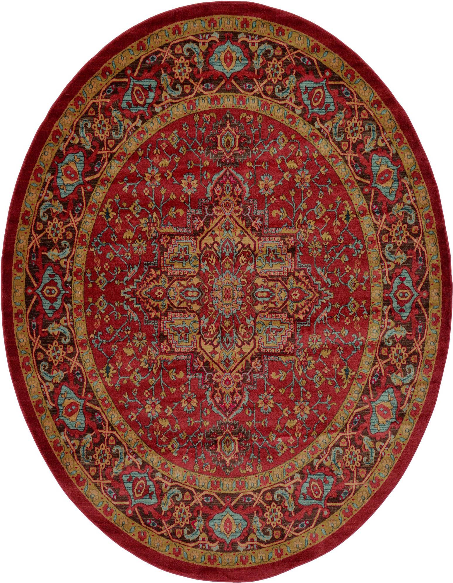 A vibrant 8' round red traditional medallion rug with intricate gold, blue, and black floral patterns.