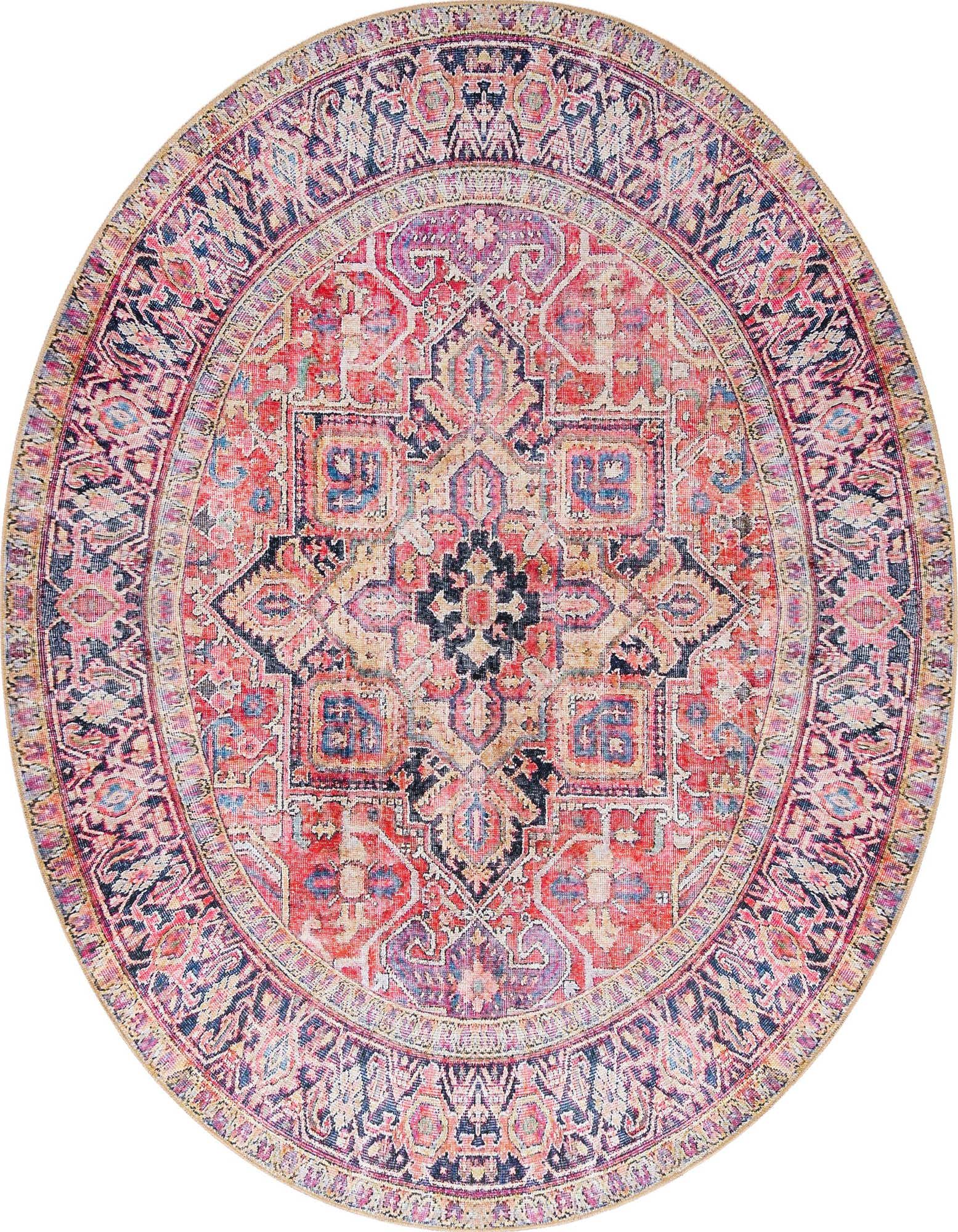 A 7' 7 x 7' 7 round red rug with a vibrant bohemian medallion pattern in shades of red, blue, and pink.