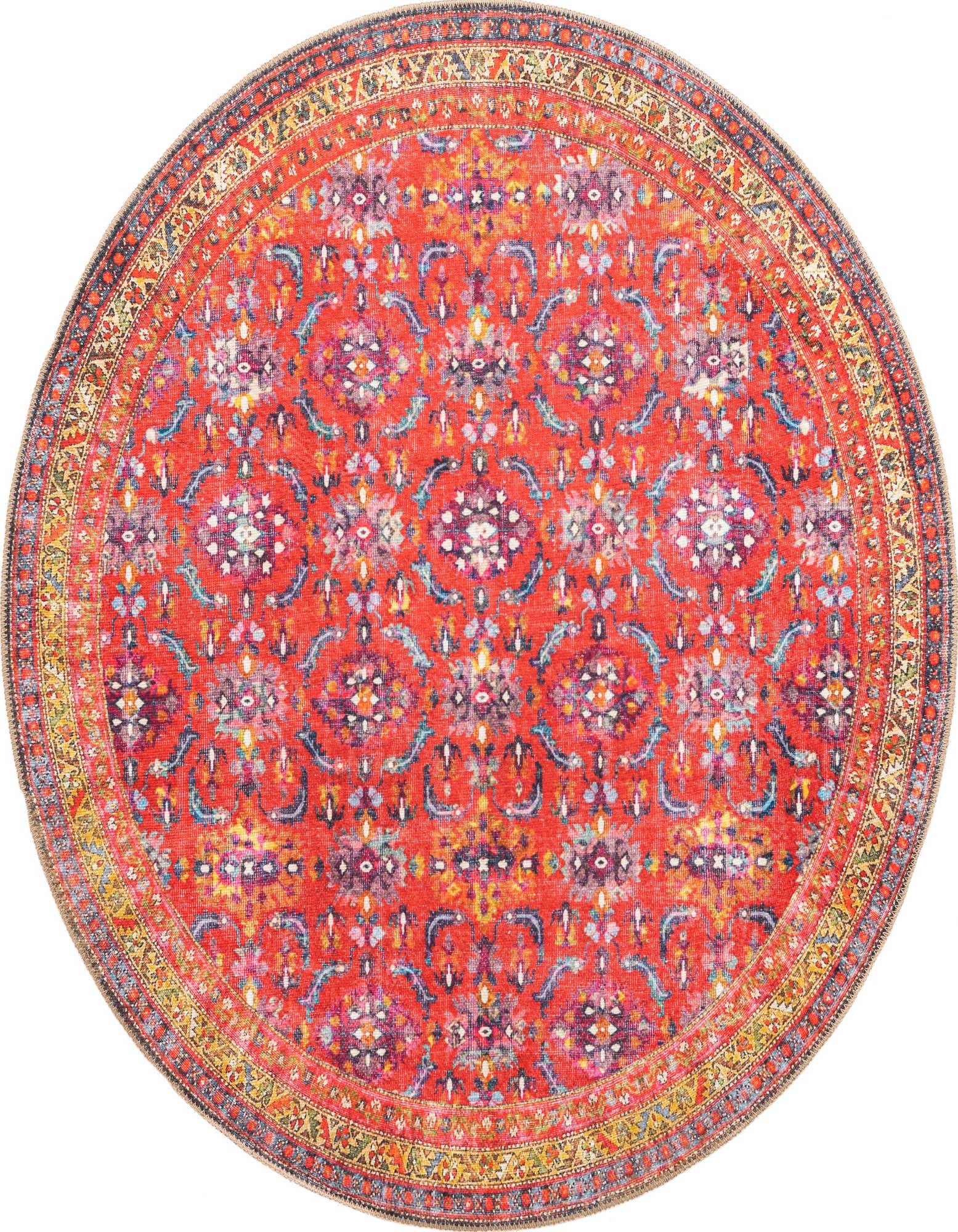 A 5' round red rug with a vibrant traditional floral pattern in blues, purples, and yellows, featuring a detailed border.
