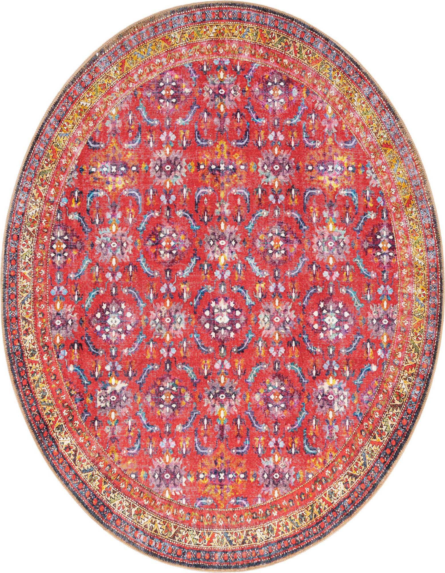 A vibrant 7' 7 round red area rug with a traditional floral pattern and a detailed border.