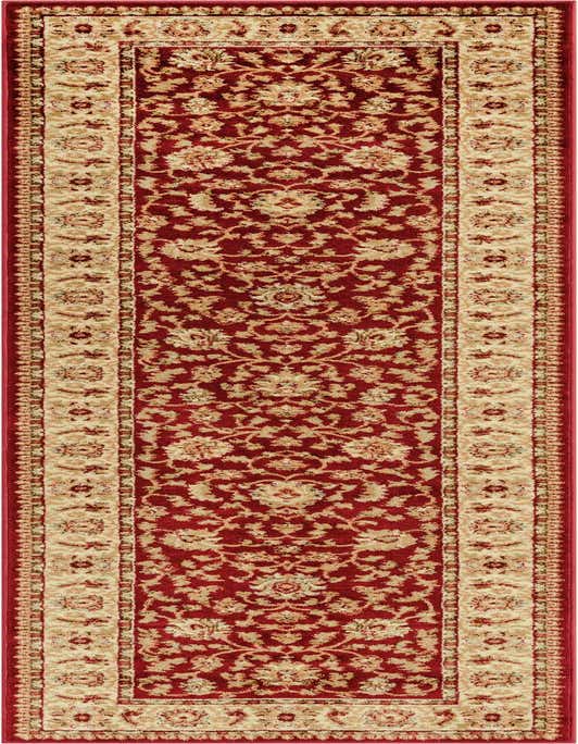 A 10 ft red runner rug with a traditional floral and oriental pattern in cream and beige, perfect for a hallway.