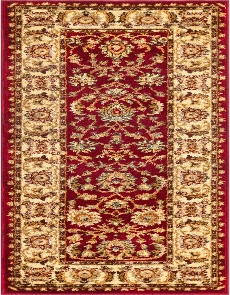 A 5 ft runner rug in traditional Oriental style, featuring a rich red field with intricate gold and beige floral patterns, ideal for hallways.