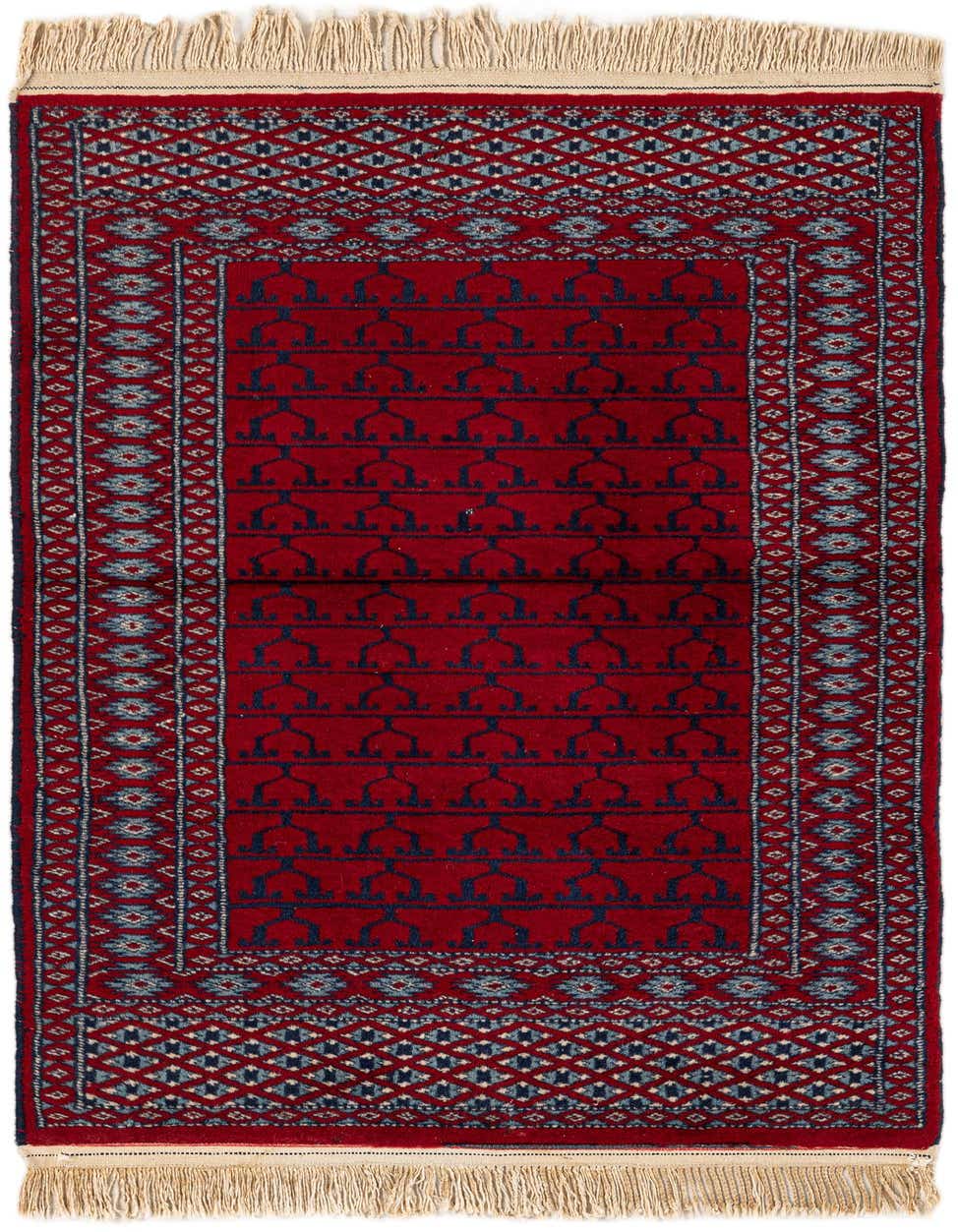 A 4 ft runner rug in traditional Afghan Akhche style, featuring a deep red field with intricate blue tribal patterns and a decorative border, finished with natural fringe.