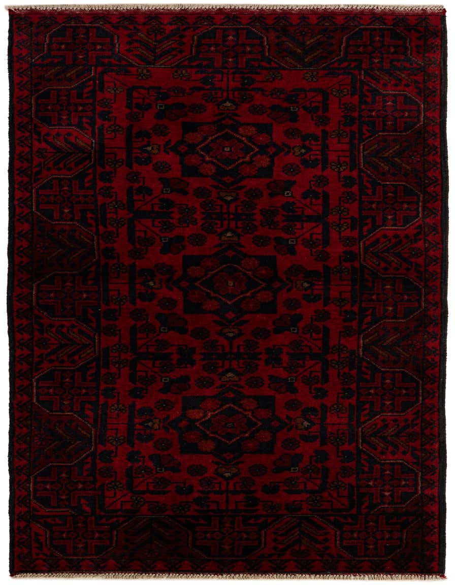 A 6 Ft Afghan Ersari runner rug in deep red with intricate black and brown tribal patterns, ideal for hallways.