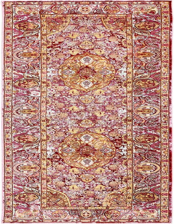 A 10 ft runner rug in shades of red and gold with a distressed medallion and botanical pattern, perfect for a hallway.