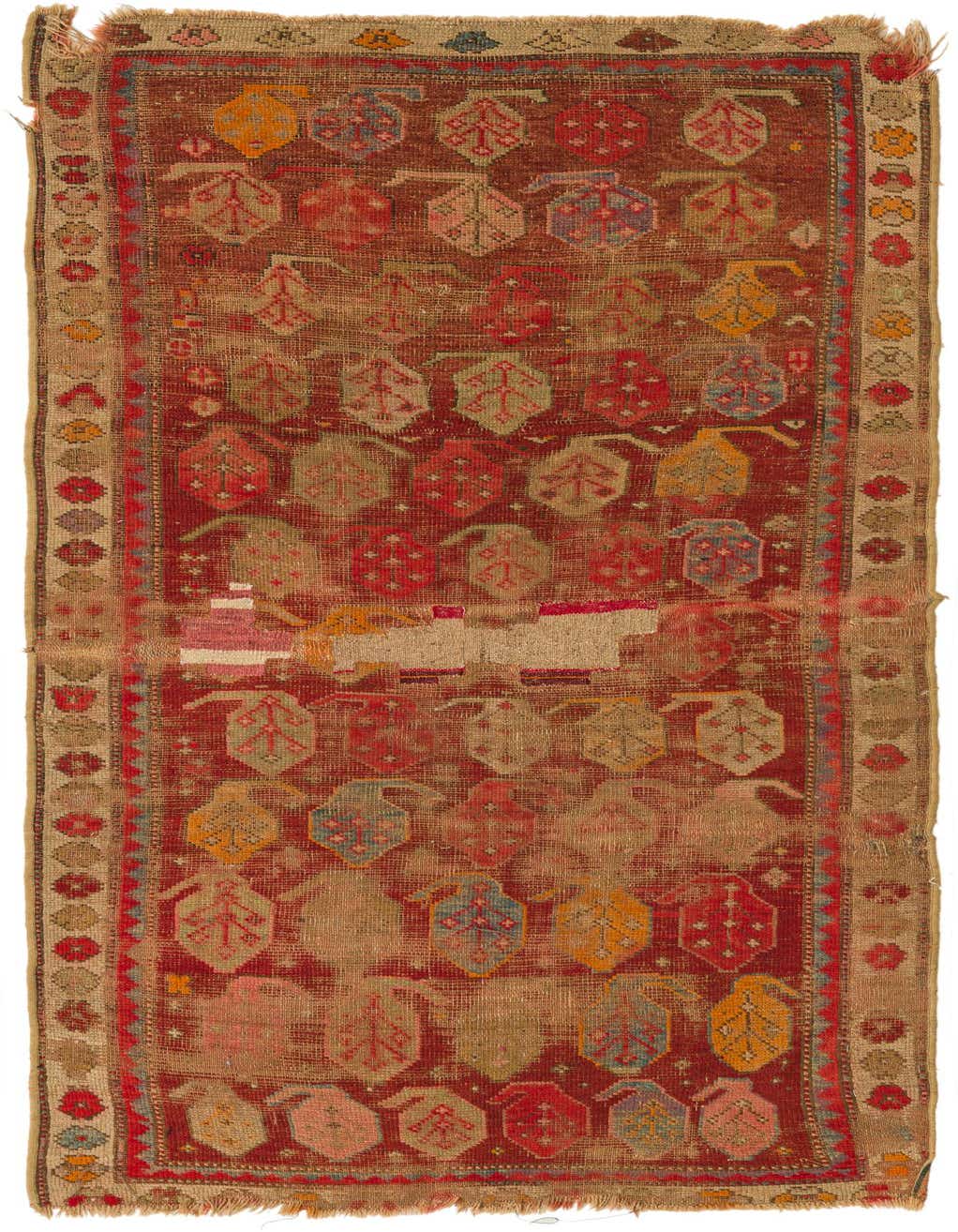 A 6 ft Anatolian runner rug with a traditional Oriental pattern in various shades of red, beige, and multicolor accents.