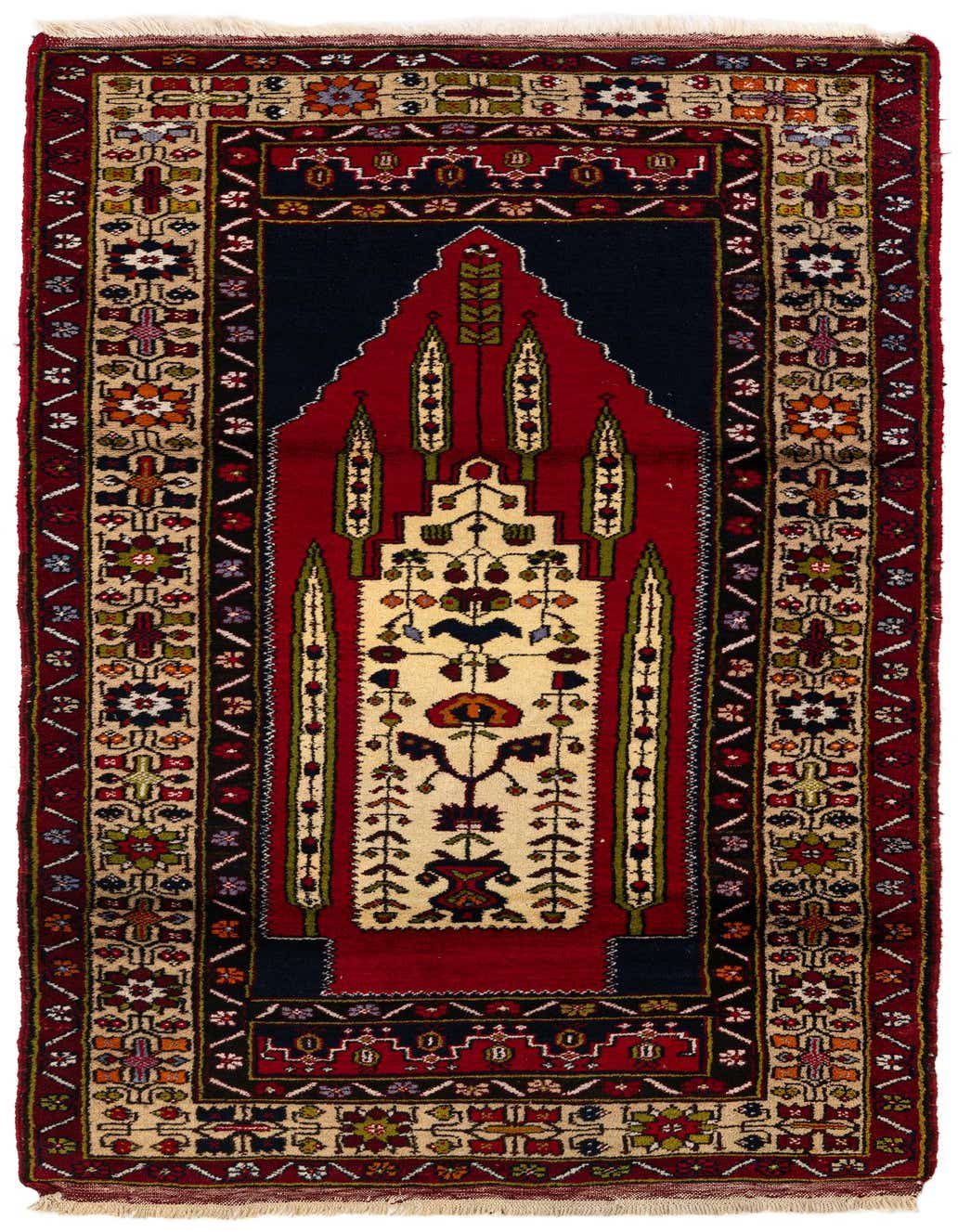 A handmade 7 ft Anatolian runner rug with a traditional Oriental medallion pattern in reds, black, and cream, ideal for a hallway.