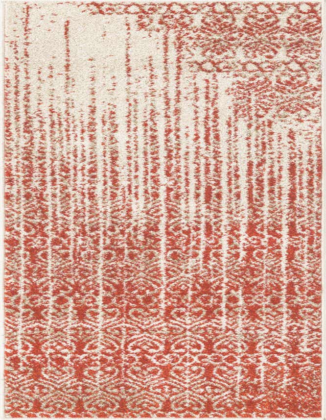 A 6 ft runner rug with a transitional abstract pattern in varying shades of red and cream, ideal for a hallway or kitchen.