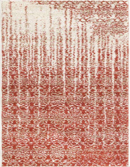 A red and cream transitional runner rug with an abstract, distressed pattern, ideal for a hallway or kitchen.