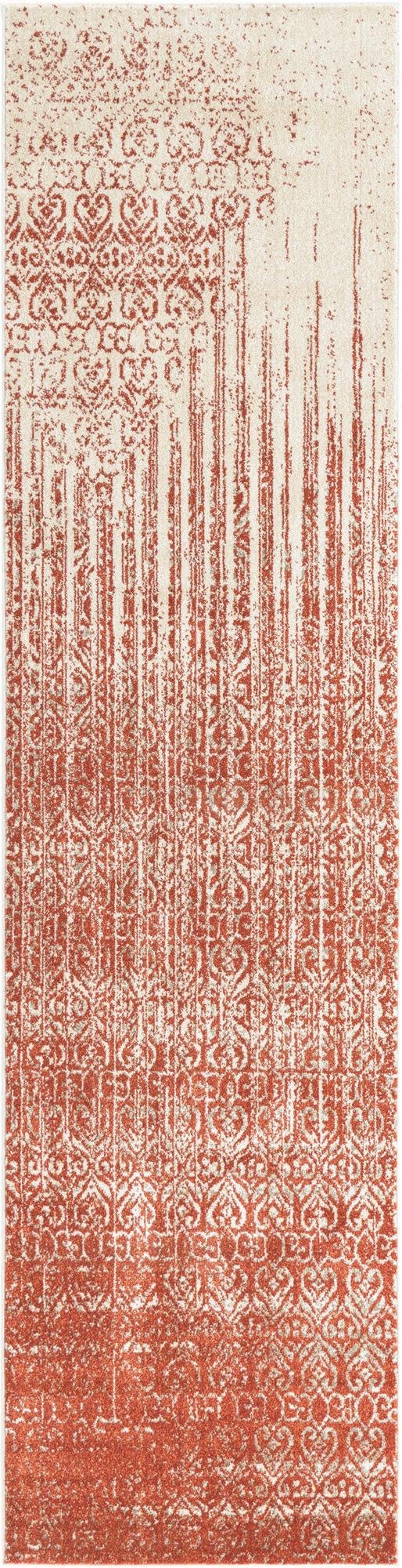 A 10 ft runner rug featuring a transitional distressed pattern in shades of red and cream, ideal for a hallway.