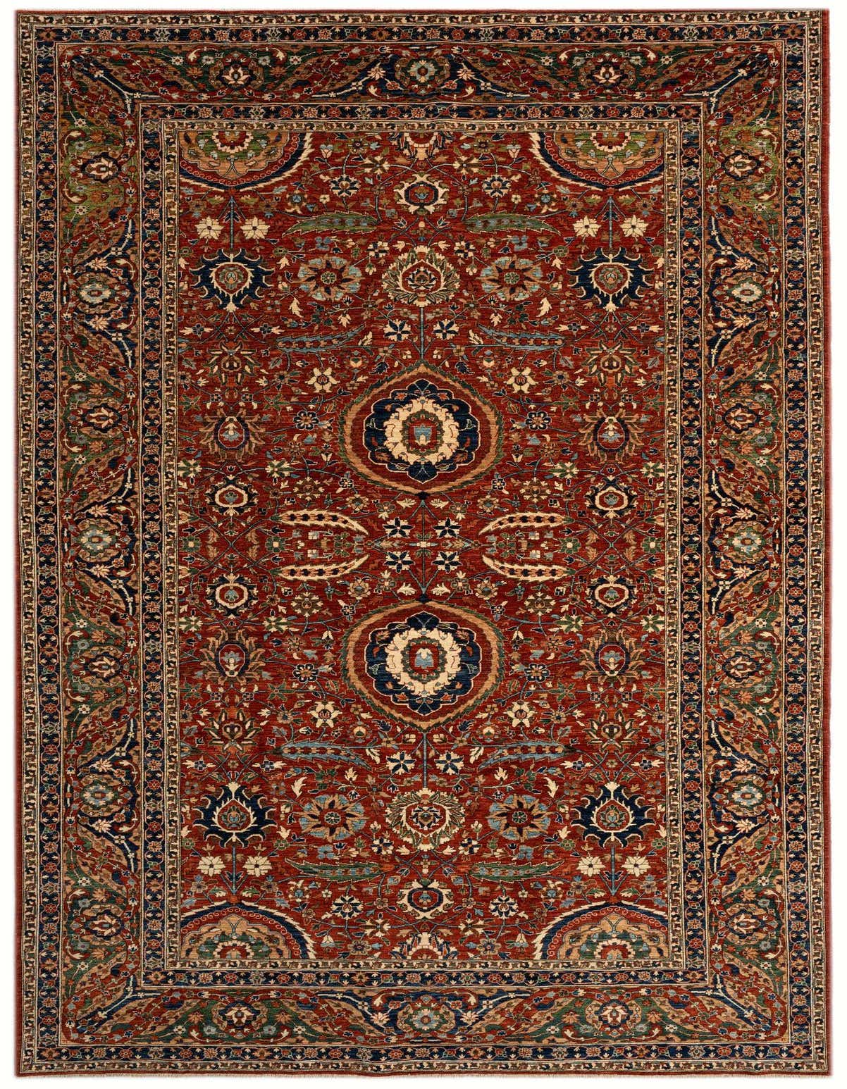 A 14 ft red Persian runner rug with intricate floral and medallion patterns in blue, gold, and green, ideal for a hallway.
